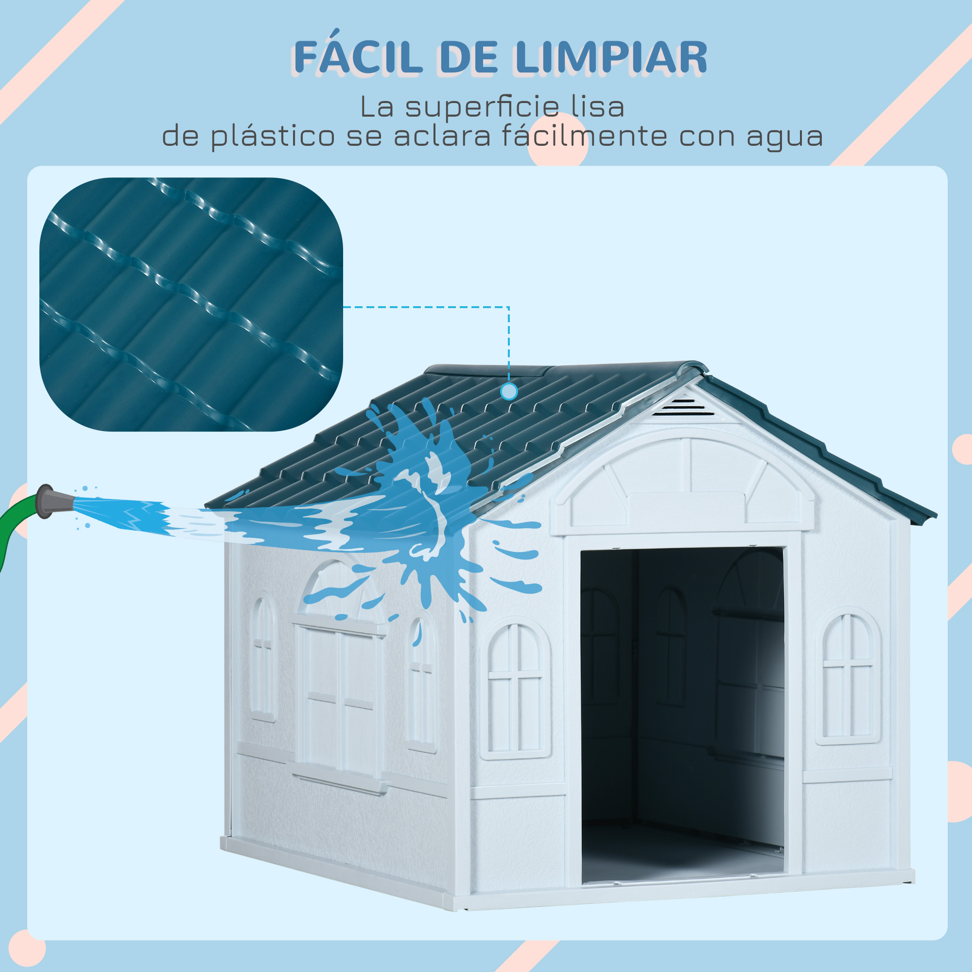 Se rocía una casa de juegos con una manguera. Primer plano del techo.