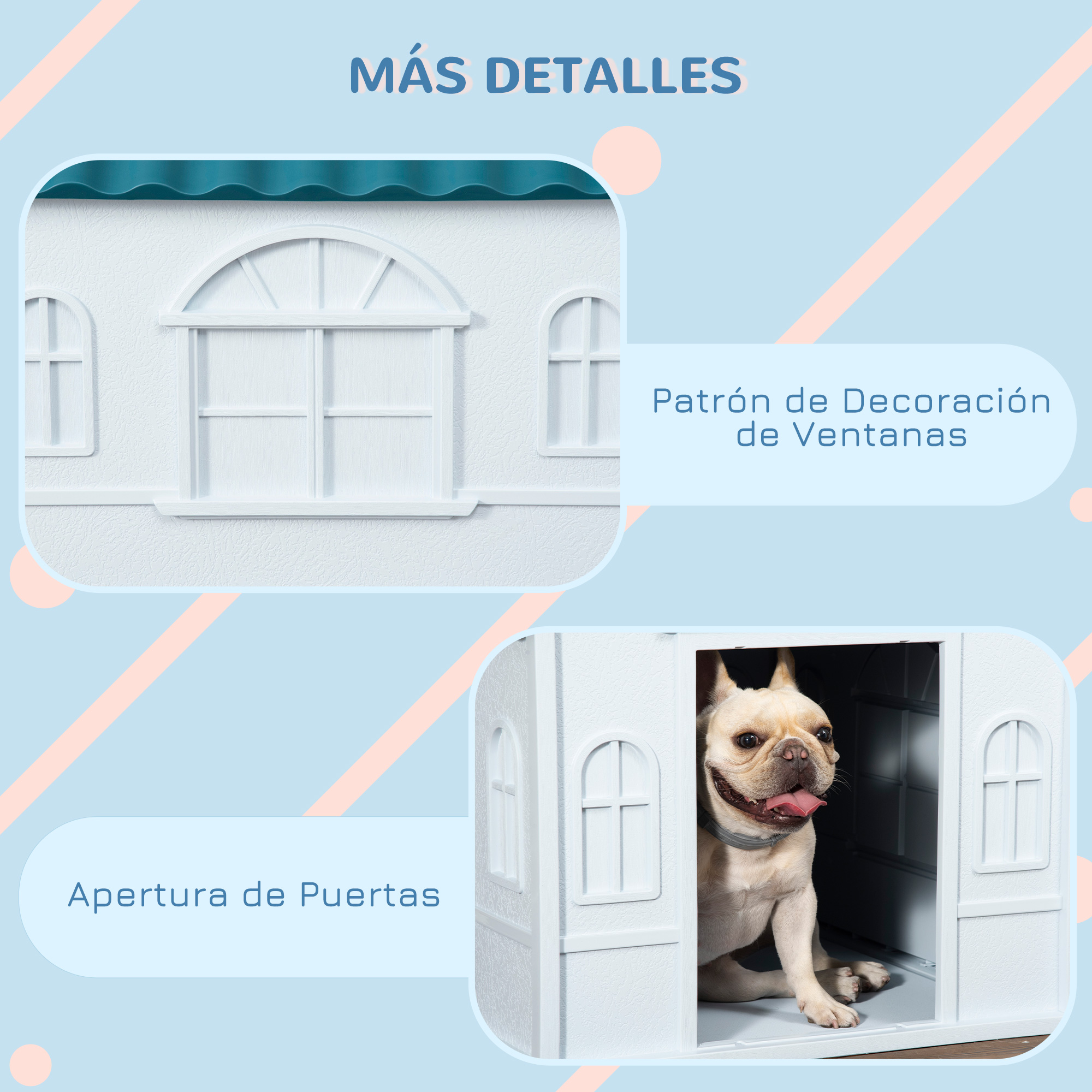 Un bulldog francés se sienta dentro de una caseta para perros blanca con ventanas decorativas.
