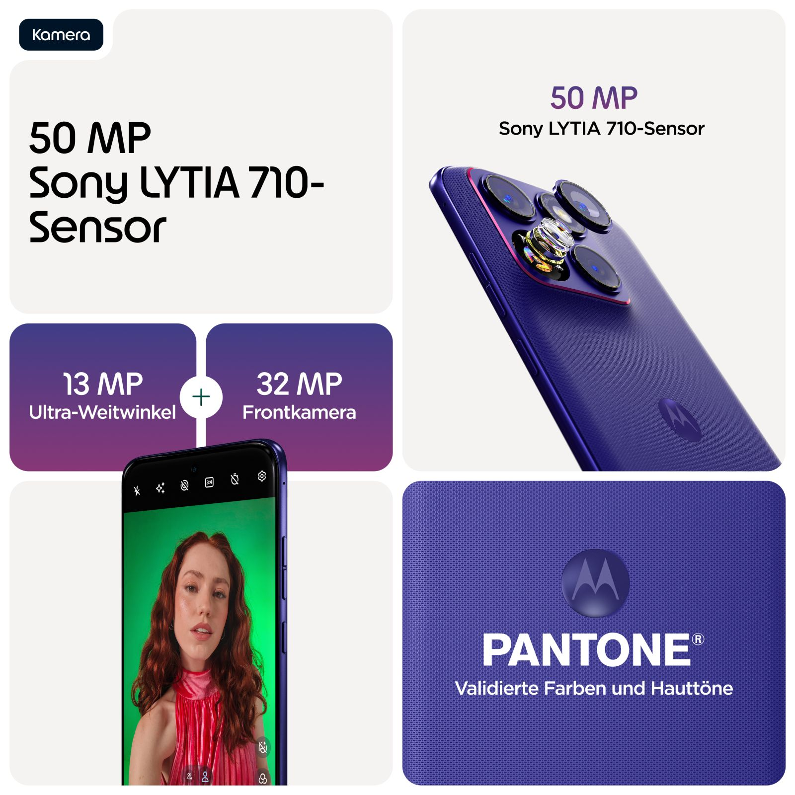 Motorola-Telefon mit 50MP Sony LYTIA 710 Sensor, 13MP Ultra-Weitwinkel, 32MP Frontkamera.