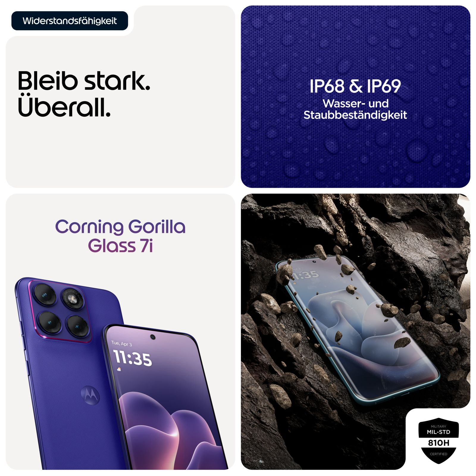 Ein lila Handy mit Corning Gorilla Glass 7i und IP68/IP69 Zertifizierung.