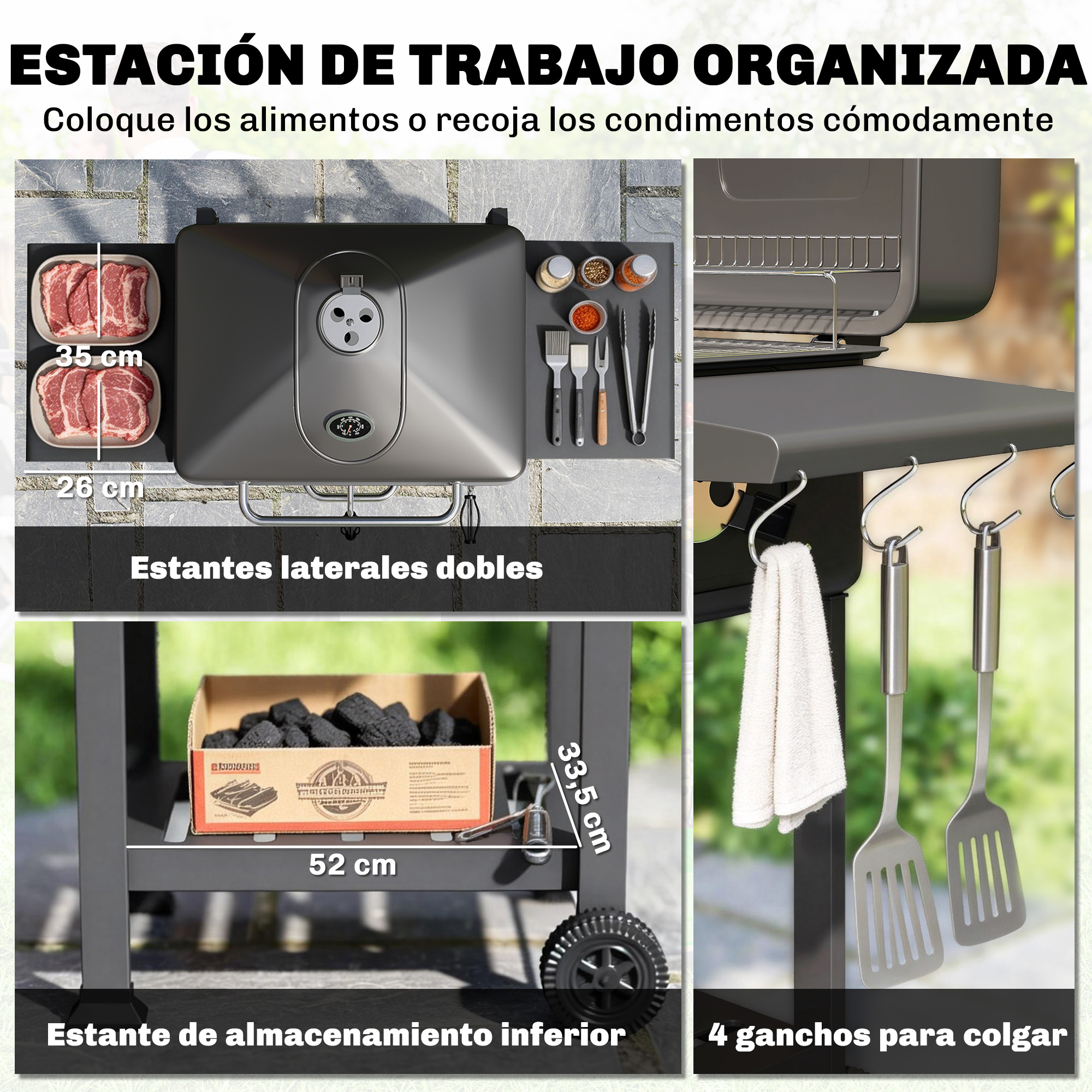 Estación de trabajo para parrilla con carne, especias, carbón, herramientas y toalla.