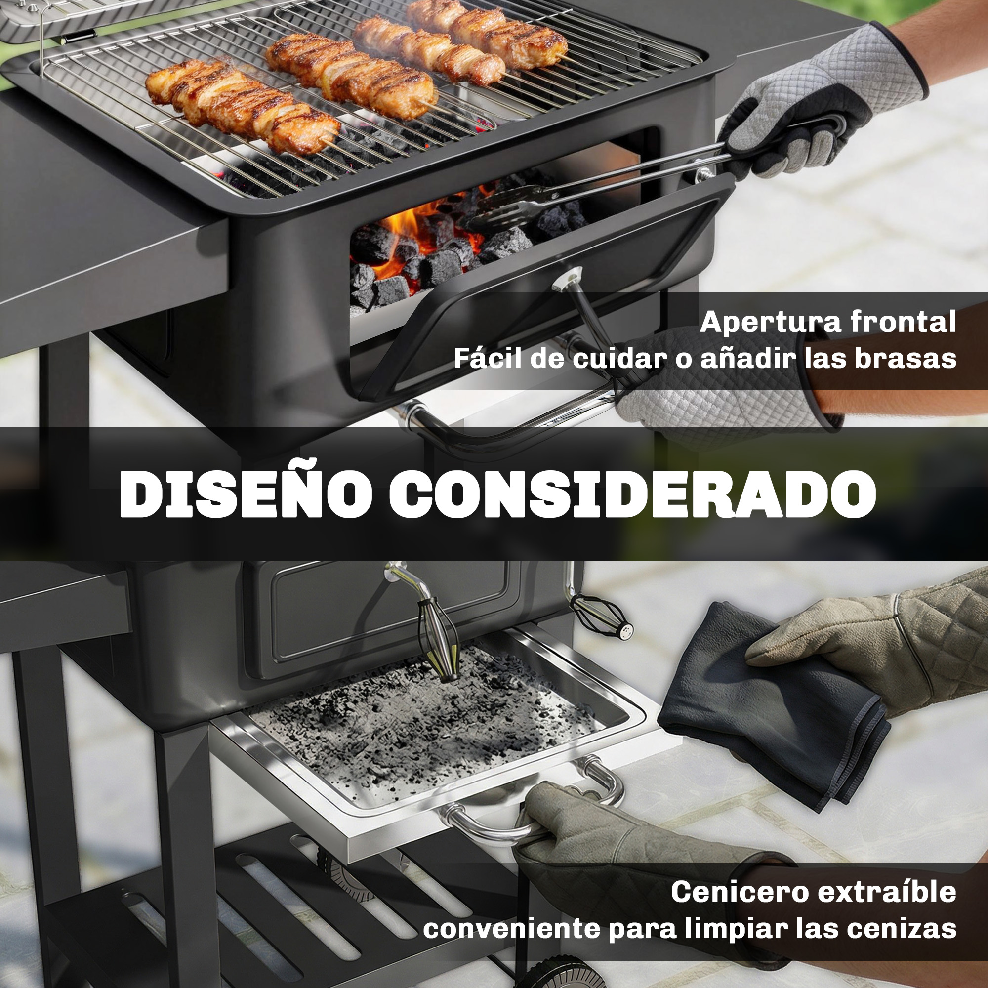 Parrilla con brochetas de carne y cenicero extraíble.