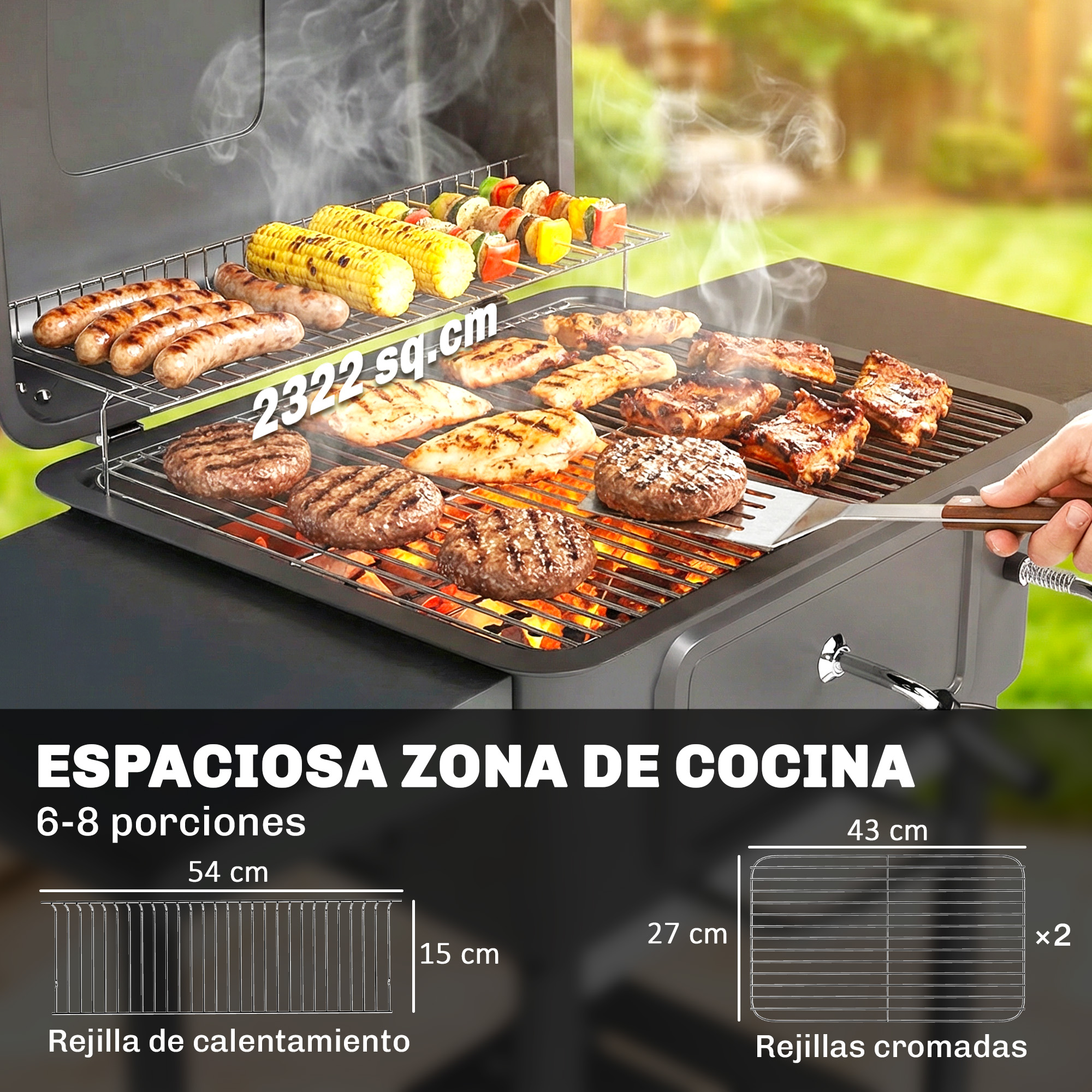 Carne y maíz en una parrilla, con humo y luz de fondo verde.