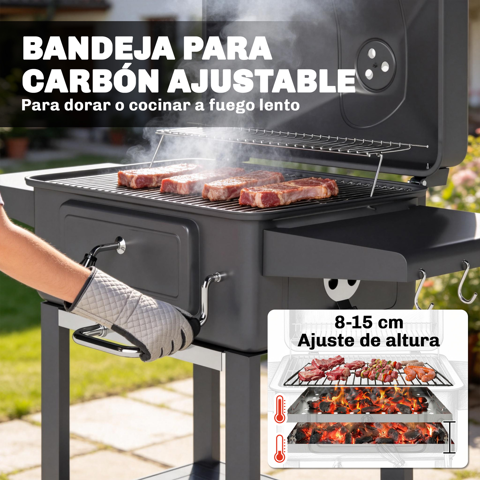 Un hombre con manopla de parrilla pone carne en una barbacoa.