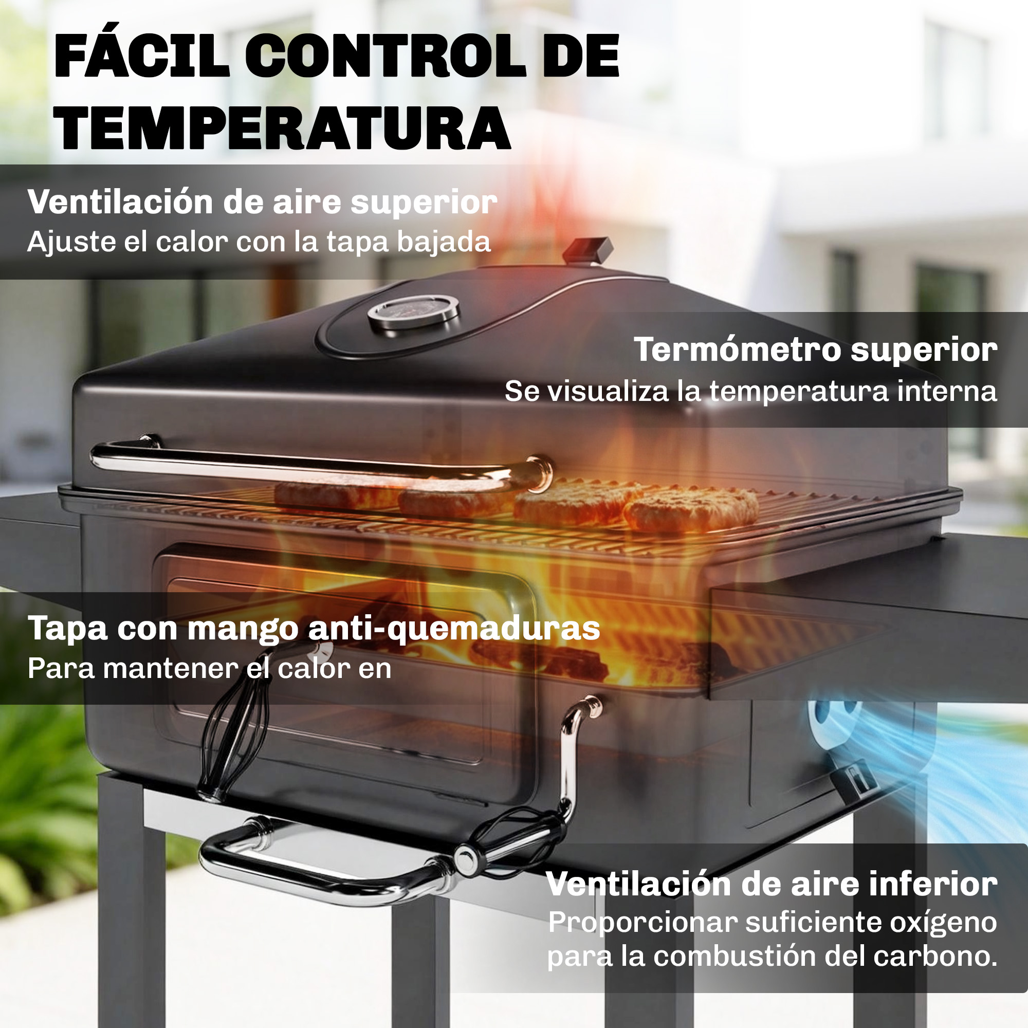 Una parrilla negra con hamburguesas en la rejilla y llamas debajo.