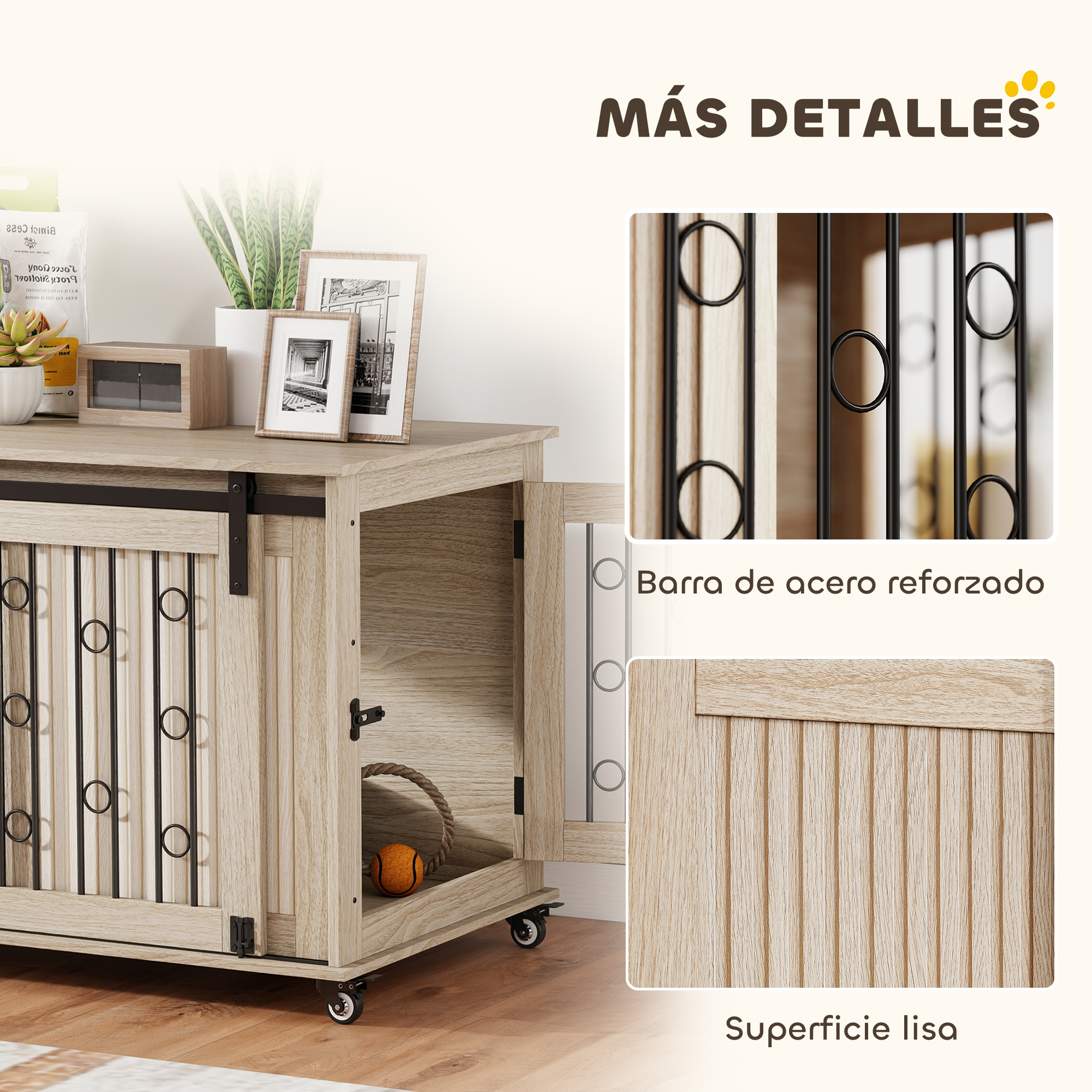 Muebles de madera con barras de metal y puerta, bola y cuerda dentro.