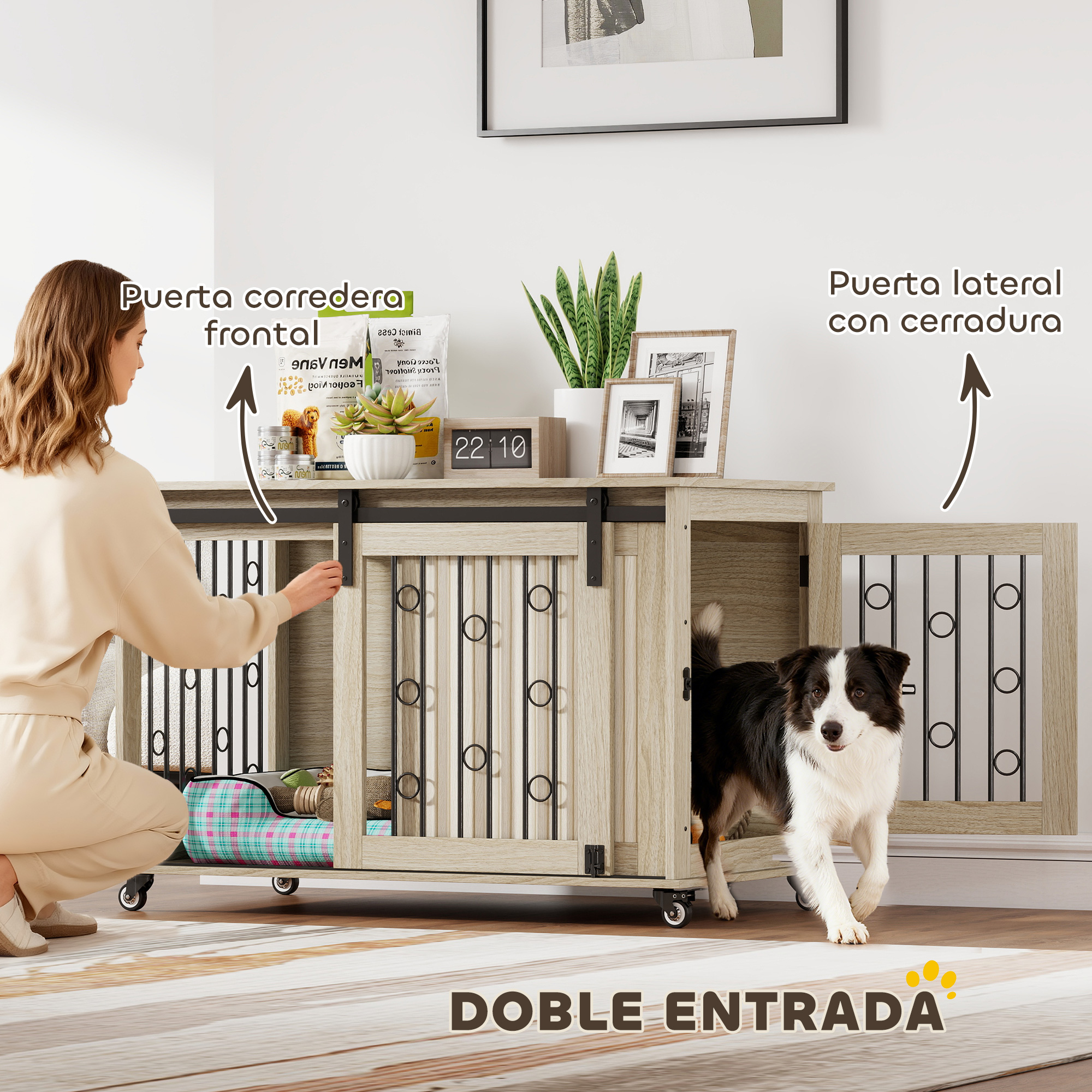 Mujer abre puerta corrediza de jaula; Border Collie sale.