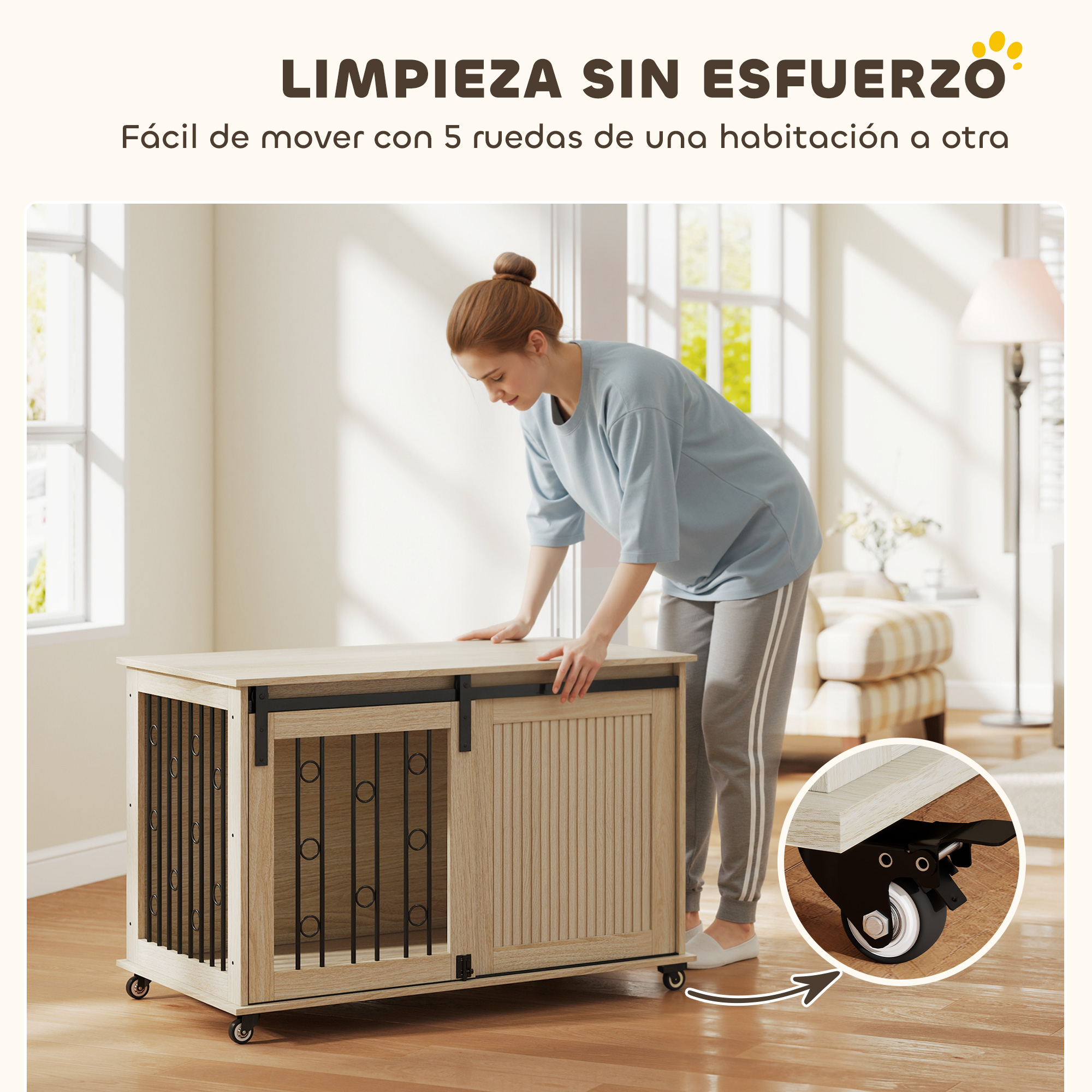 Mujer empuja una jaula de perro de madera con ruedas, barras y puerta corredera.