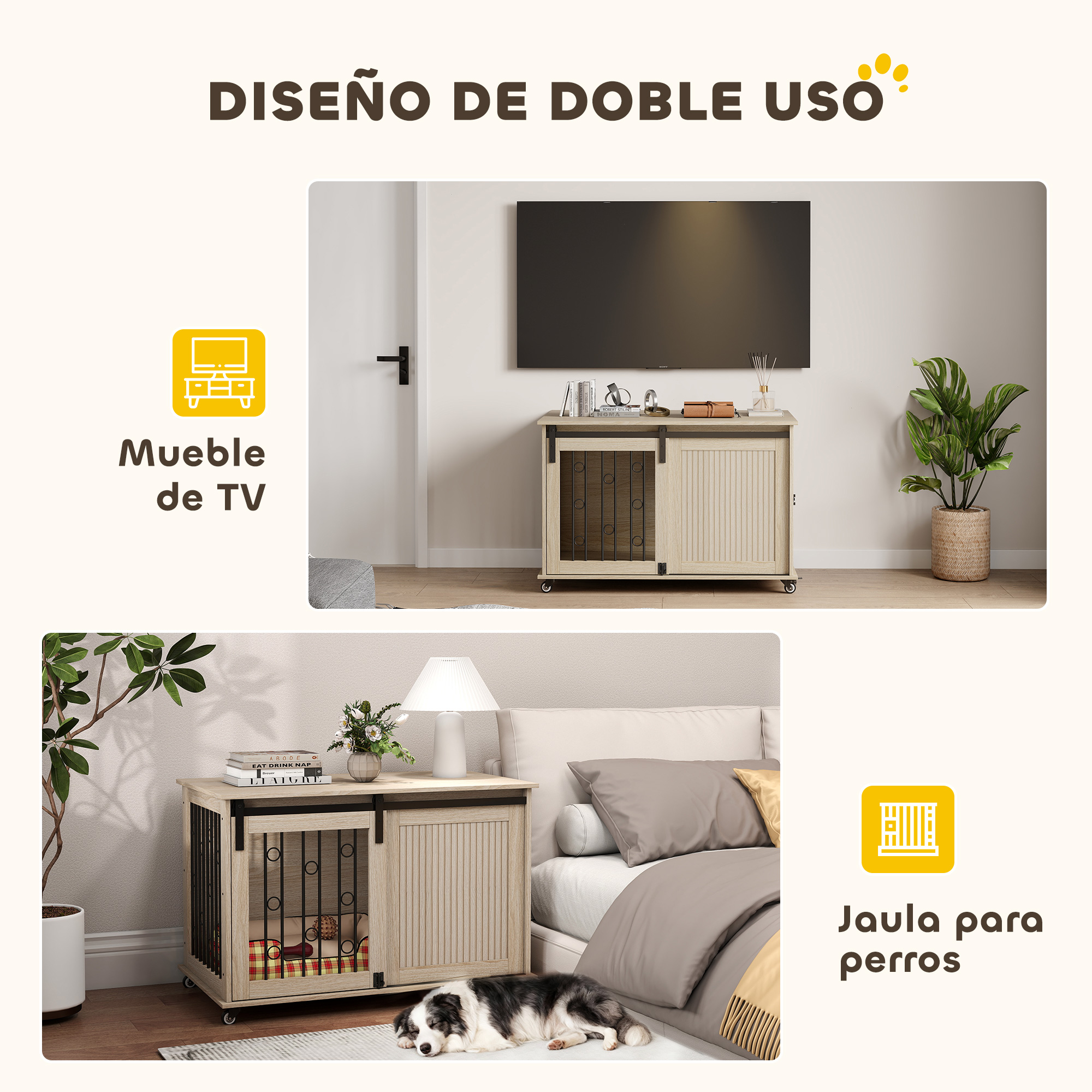 Un mueble de madera clara sirve como soporte de TV y jaula para perros con puertas correderas.