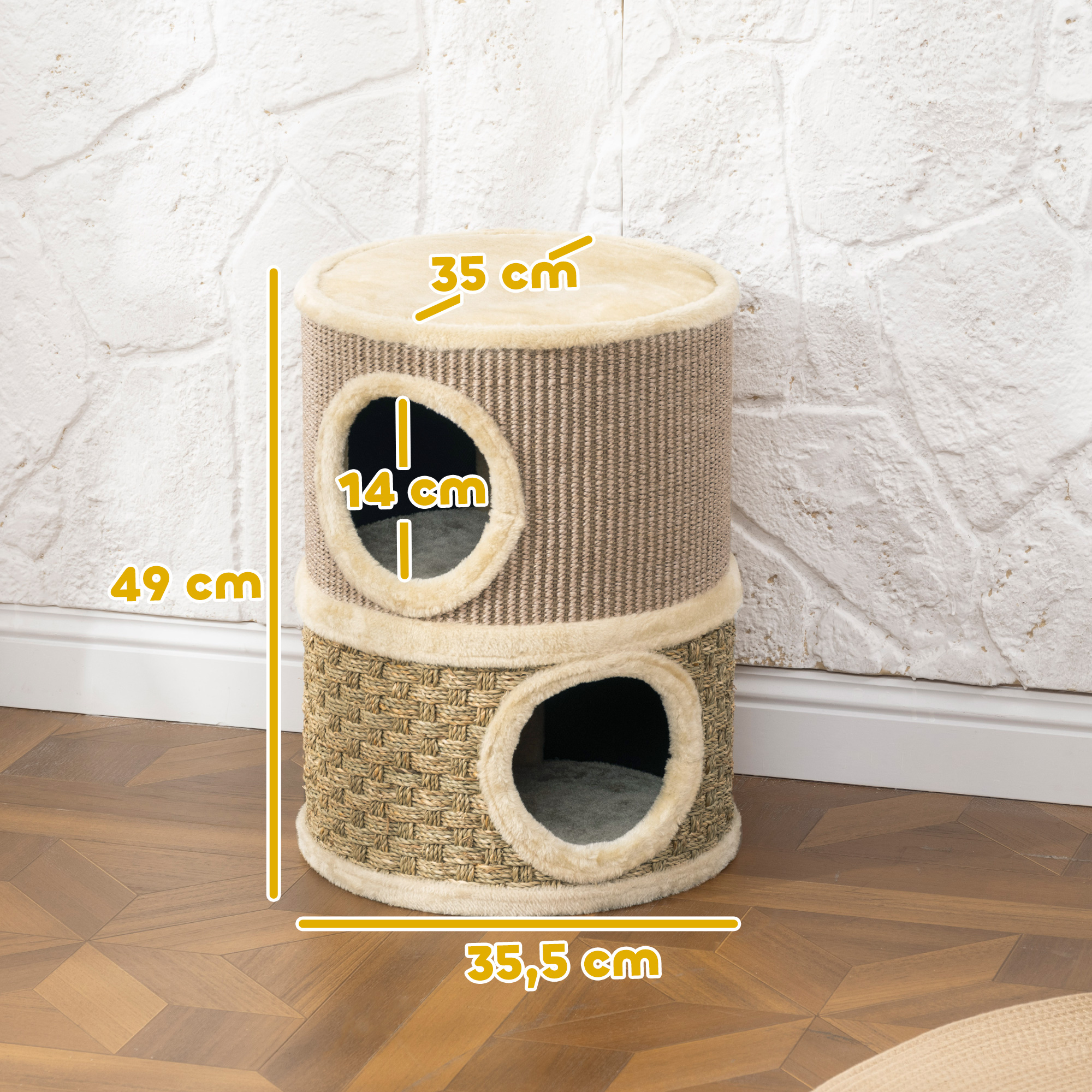 Un árbol para gatos de dos niveles con cuerda de sisal y texturas tejidas, con dos aberturas circulares.