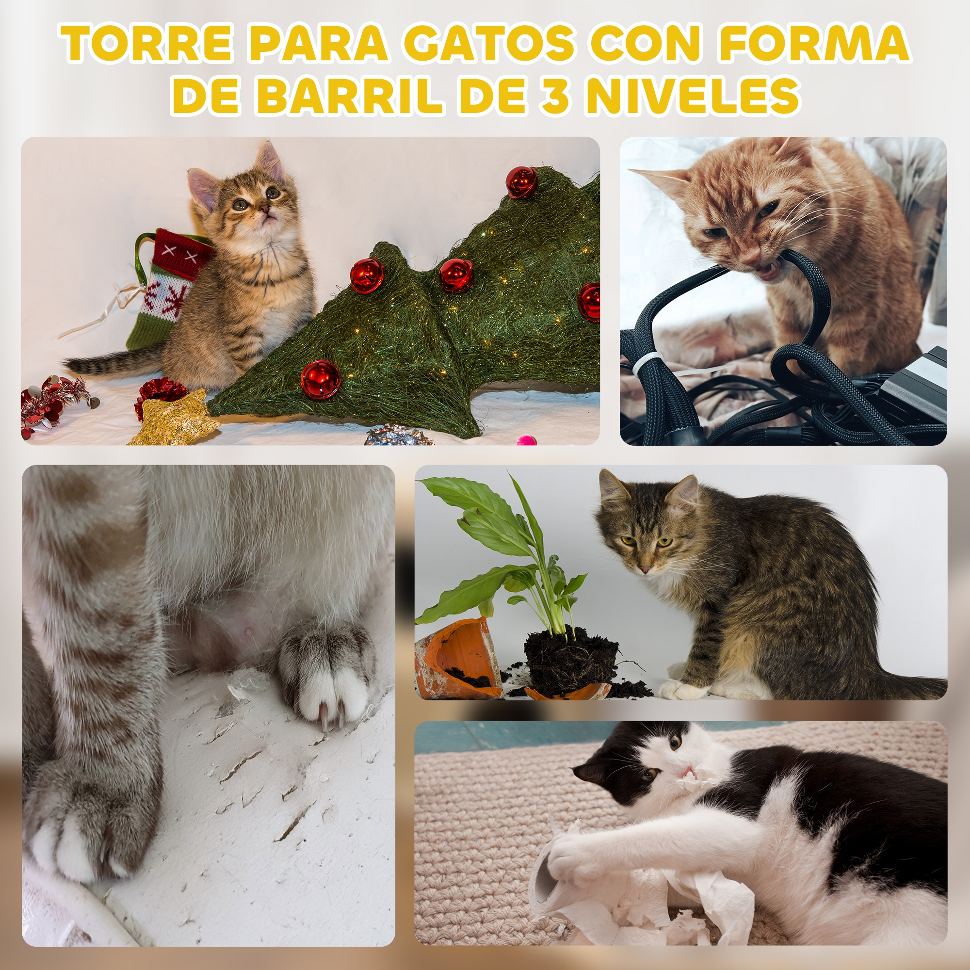 Gatos en un árbol rascador de tres niveles con adornos navideños.