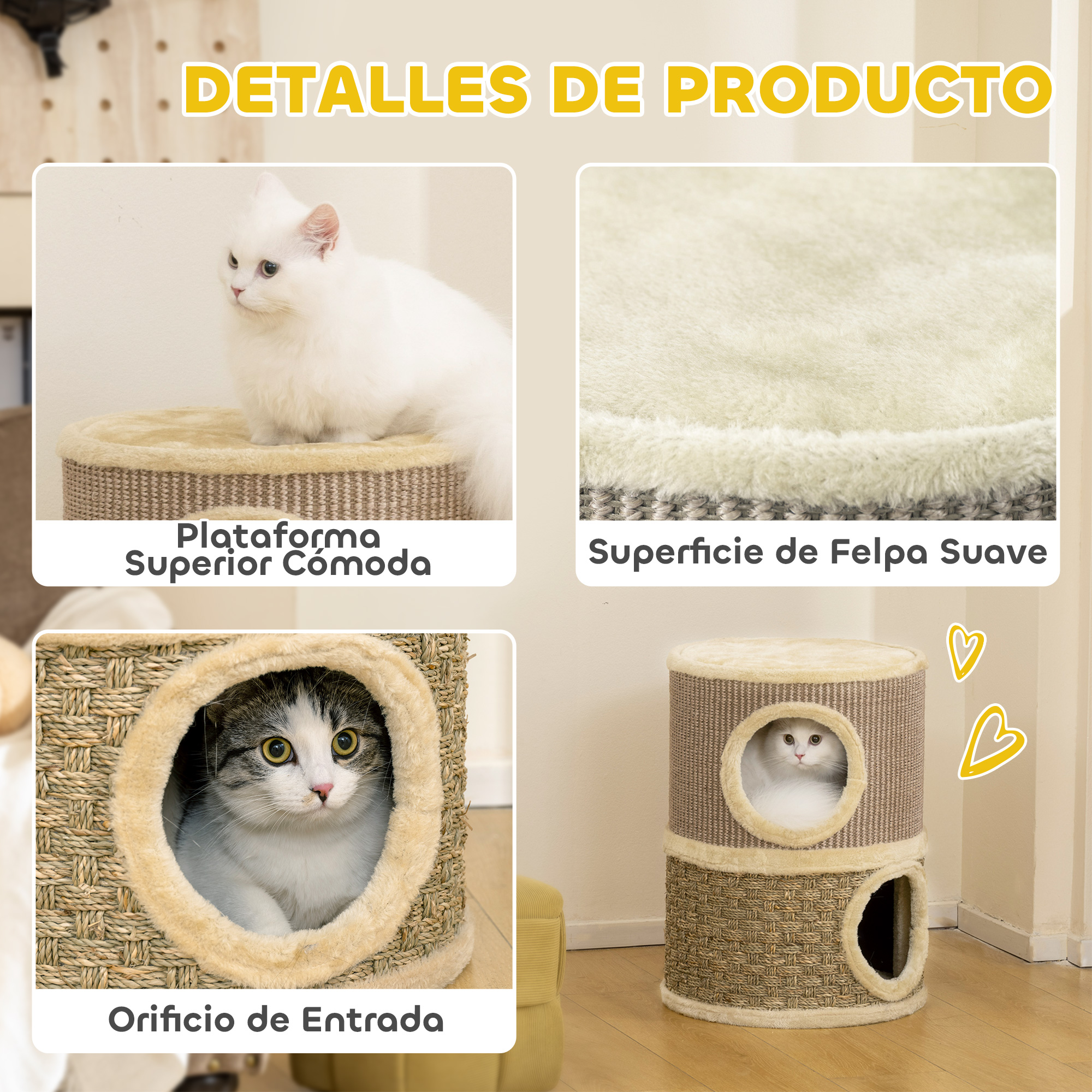 Mueble para gatos de varios niveles con aberturas redondas y superficies suaves.