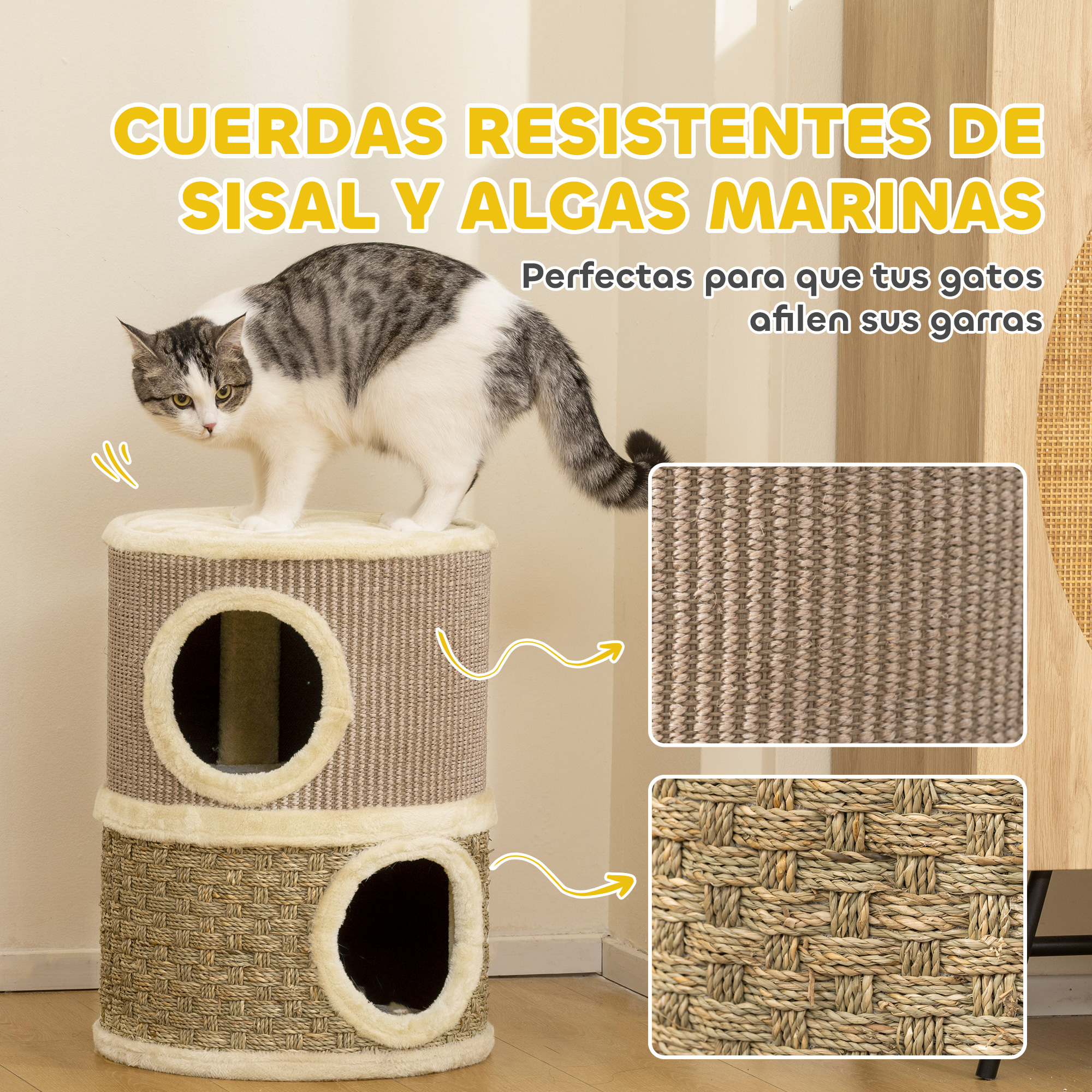 Un gato se para en un árbol rascador de sisal y algas marinas con dos entradas.