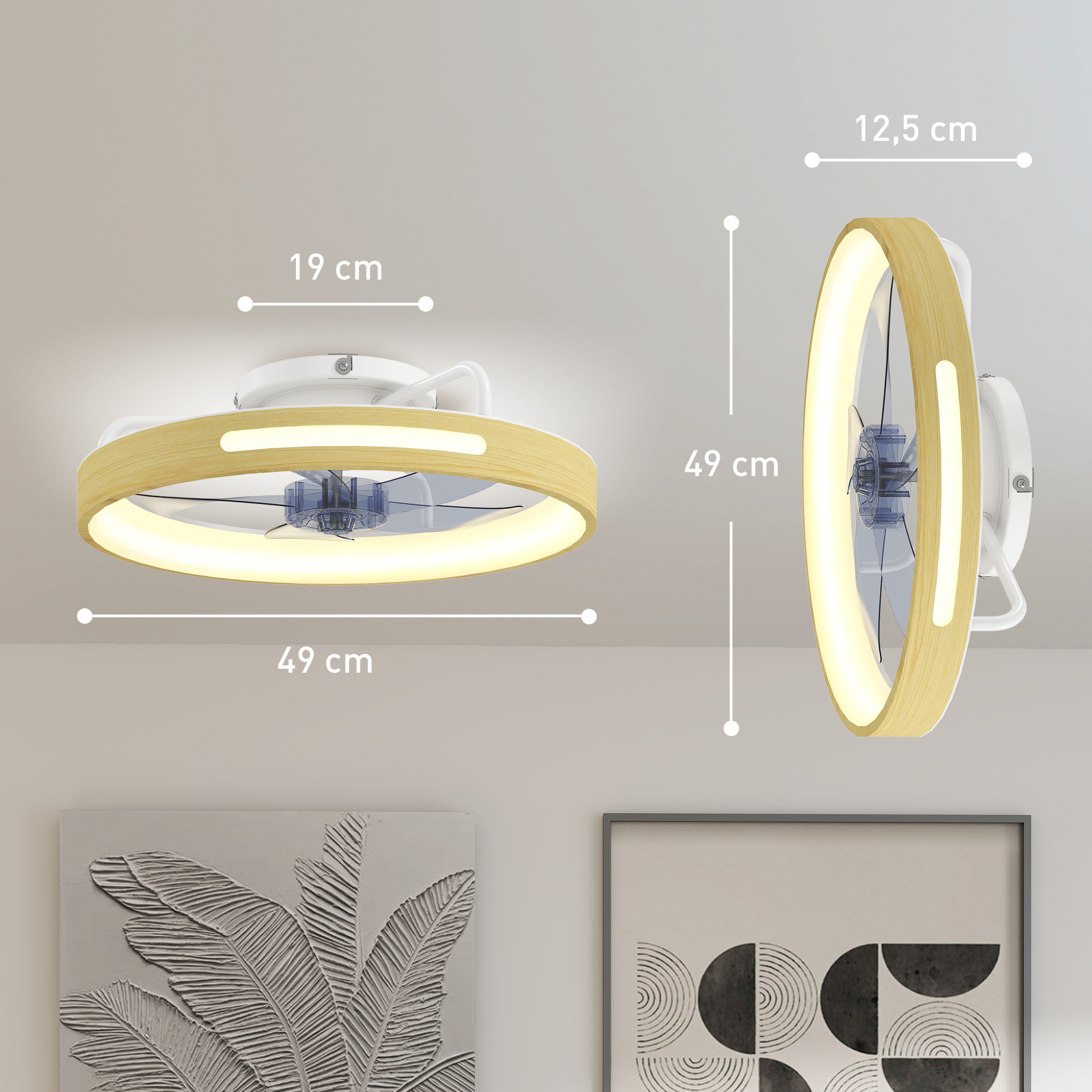 Ventilador de techo con marco de madera y luz LED, dimensiones 49x19 cm.