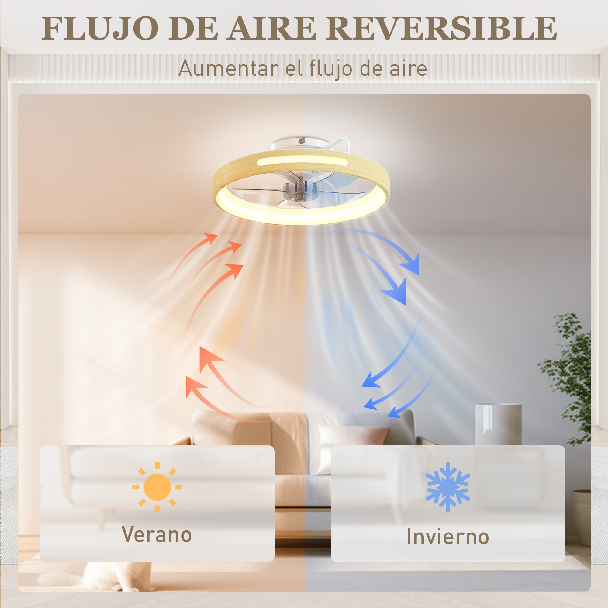 Ventilador de techo con luz, mostrando flujo de aire verano/invierno.