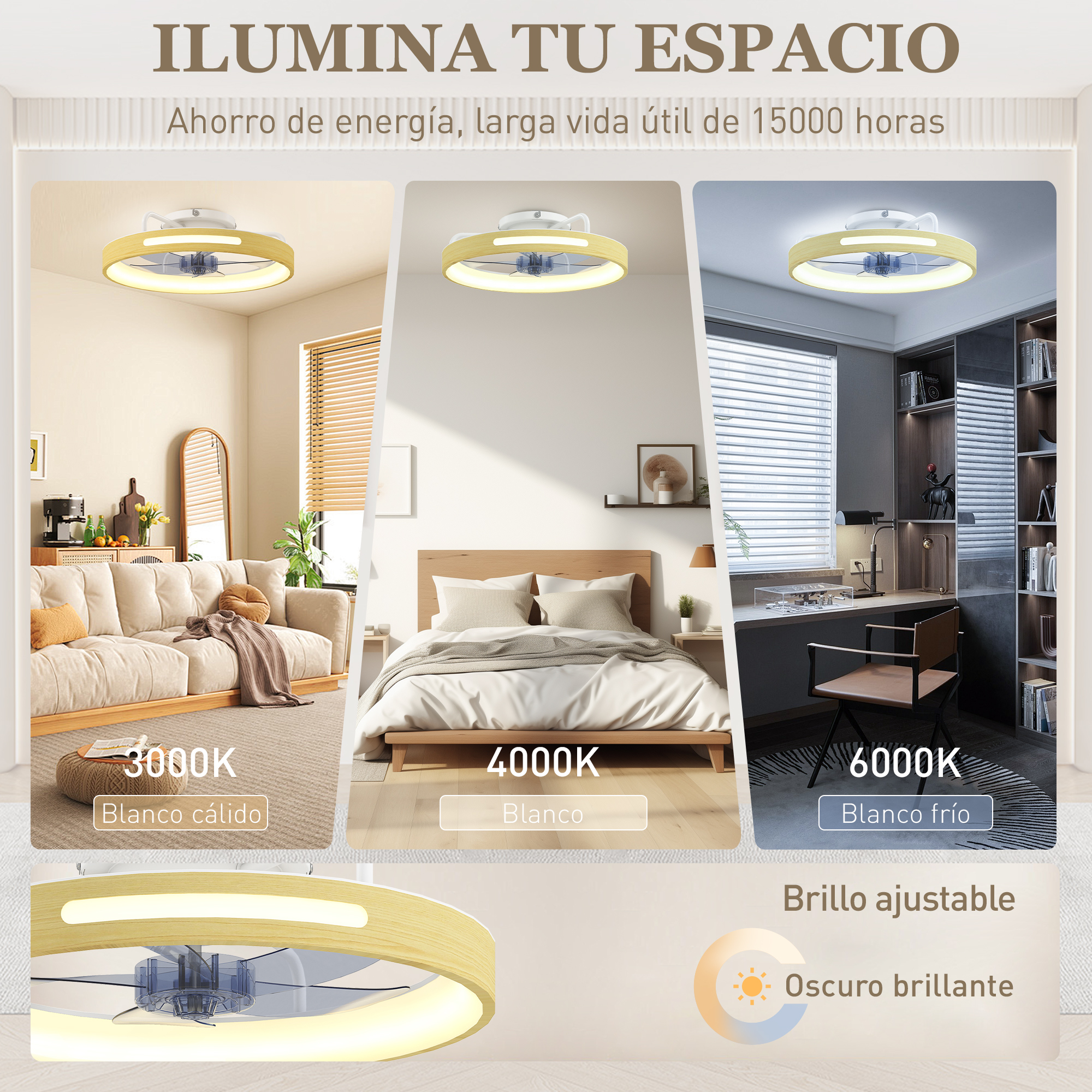 Luz de techo con ventilador en tres modos de luz: blanco cálido, blanco neutro.