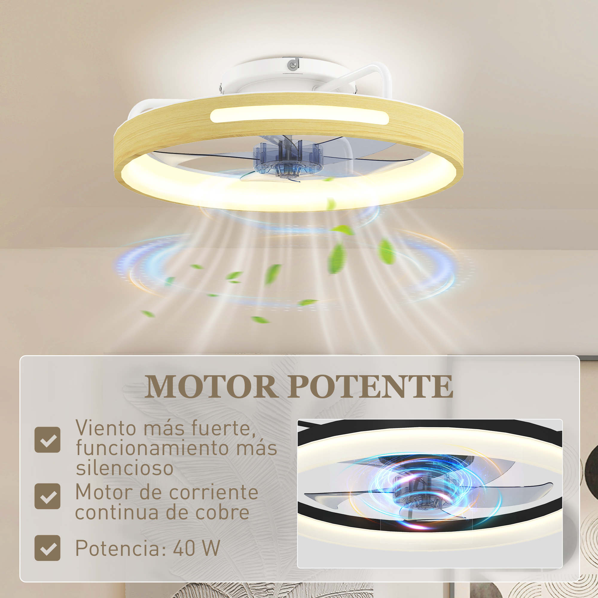 Ventilador de techo con marco de madera y luz, moviendo aire y hojas.