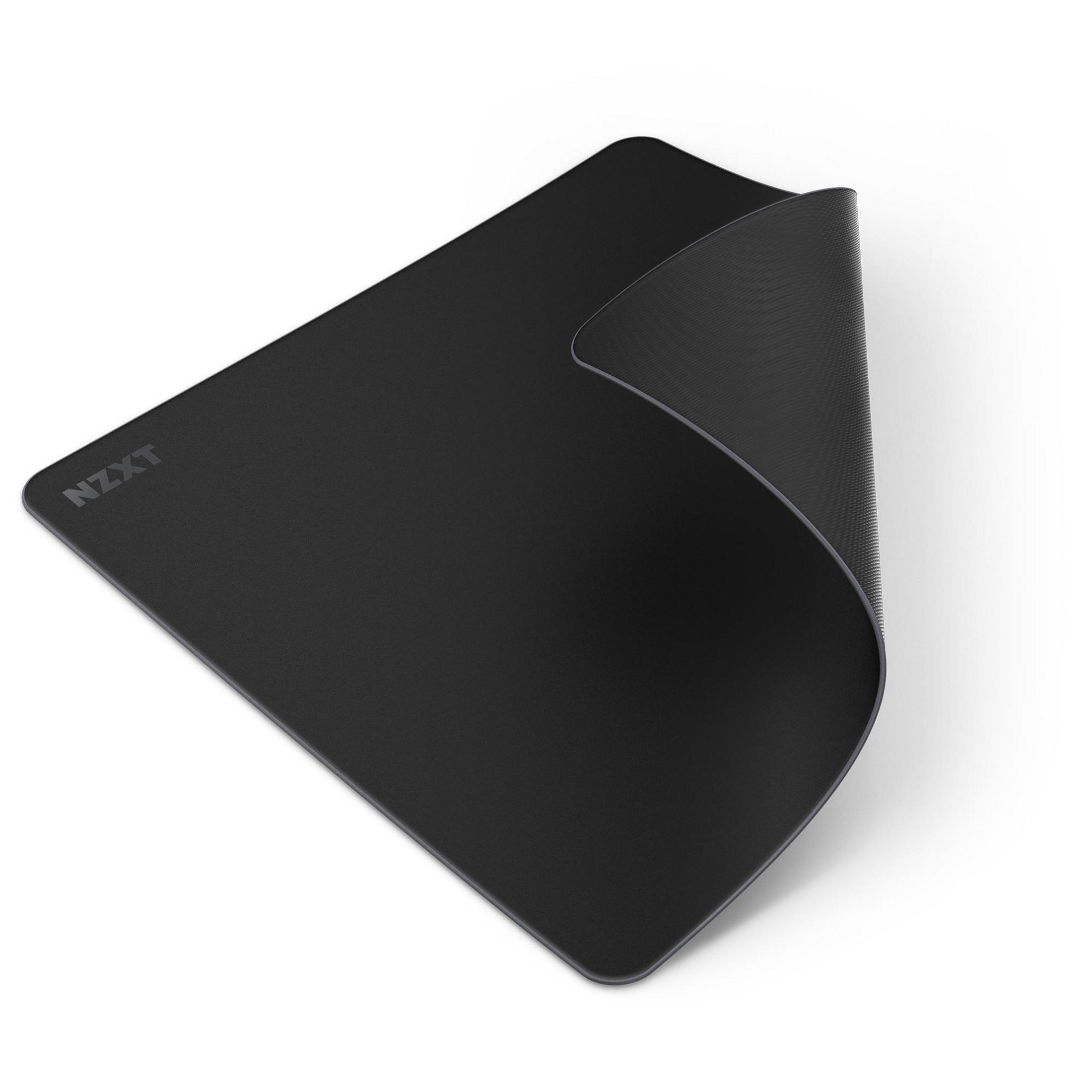 Black NZXT mousepad with a curved corner, on a white background.