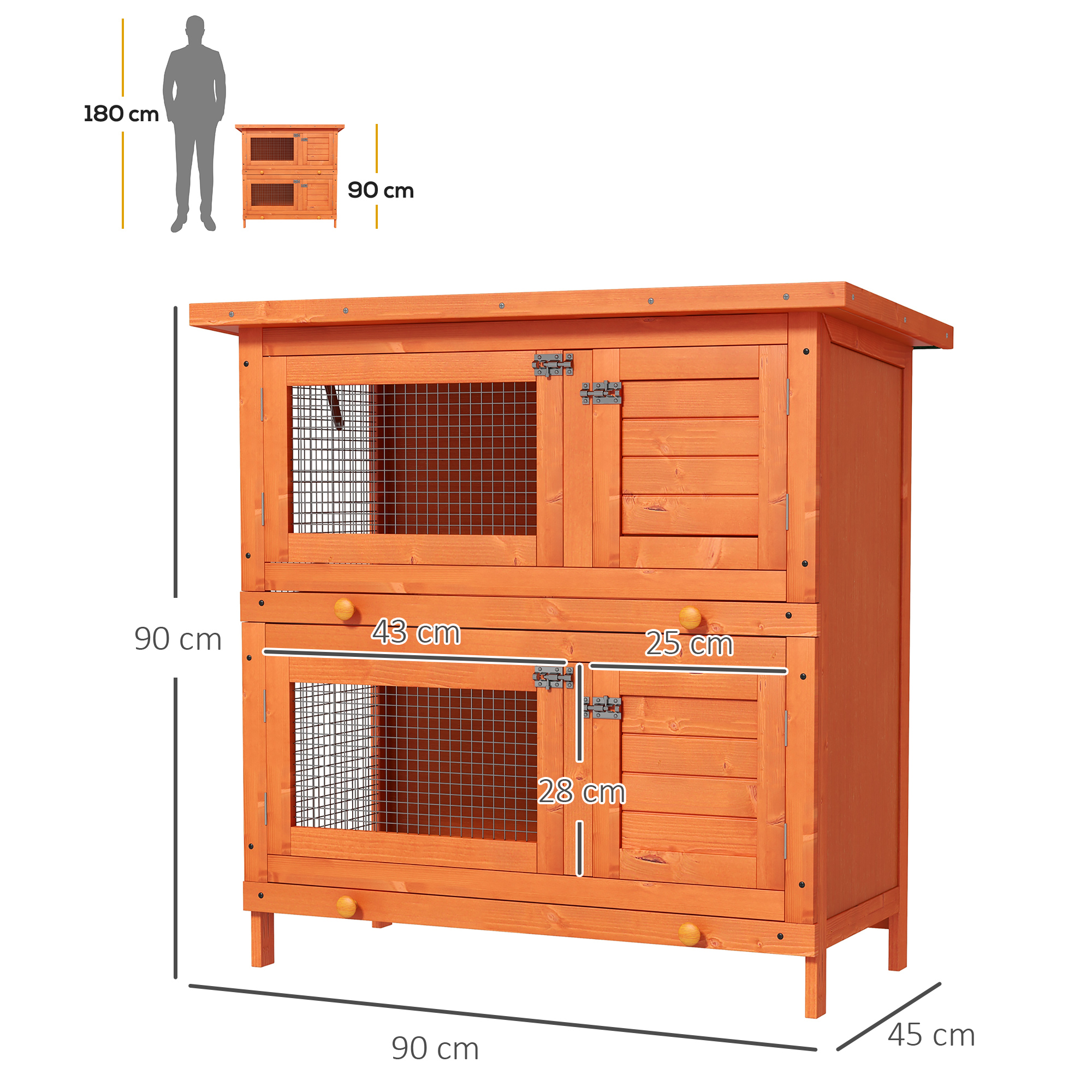 Una conejera de madera de dos niveles con malla y puertas, se muestran dimensiones.