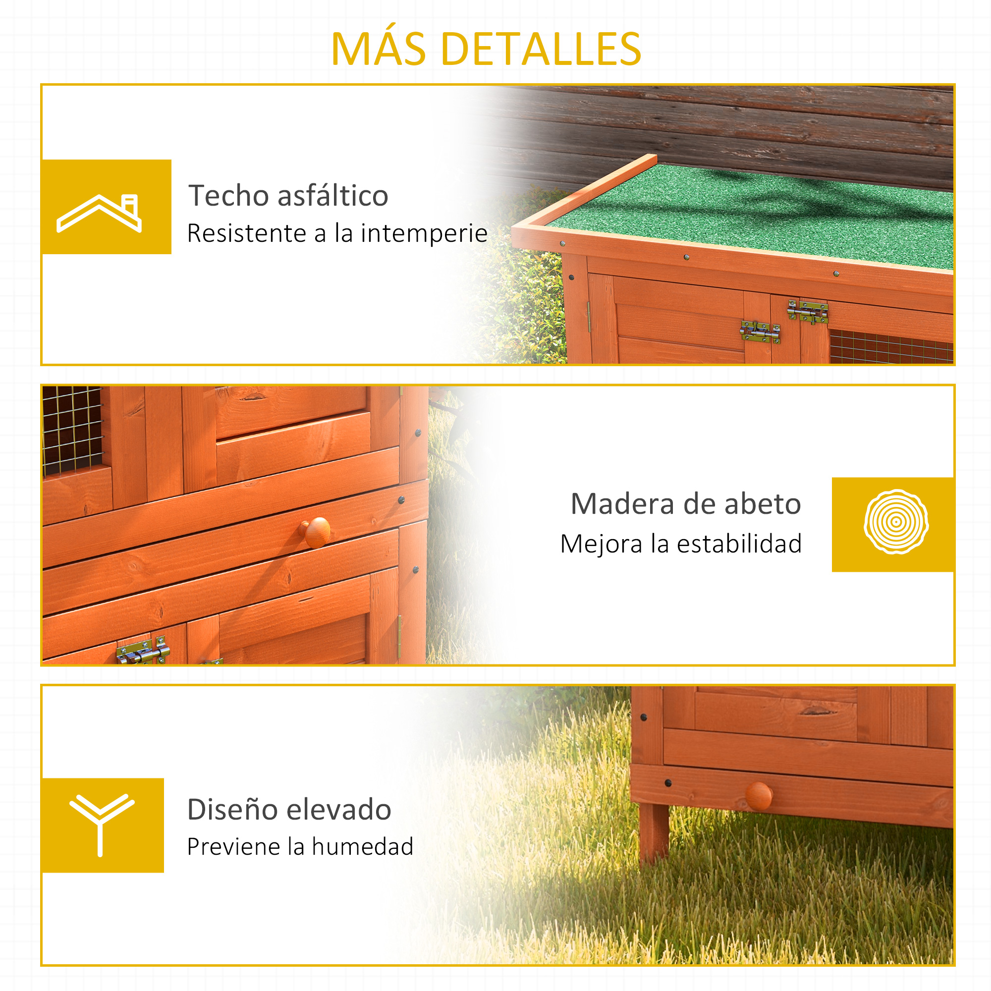 Casa de madera con techo verde, suelo de madera y patas elevadas.