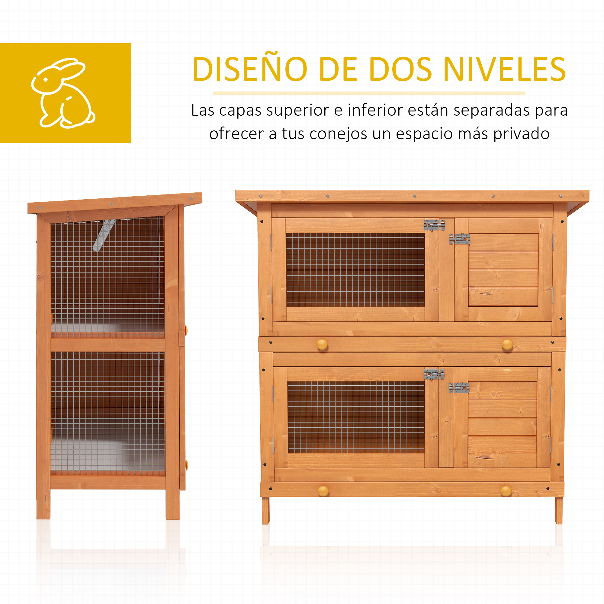 Conejera de madera de dos niveles con malla y puertas.