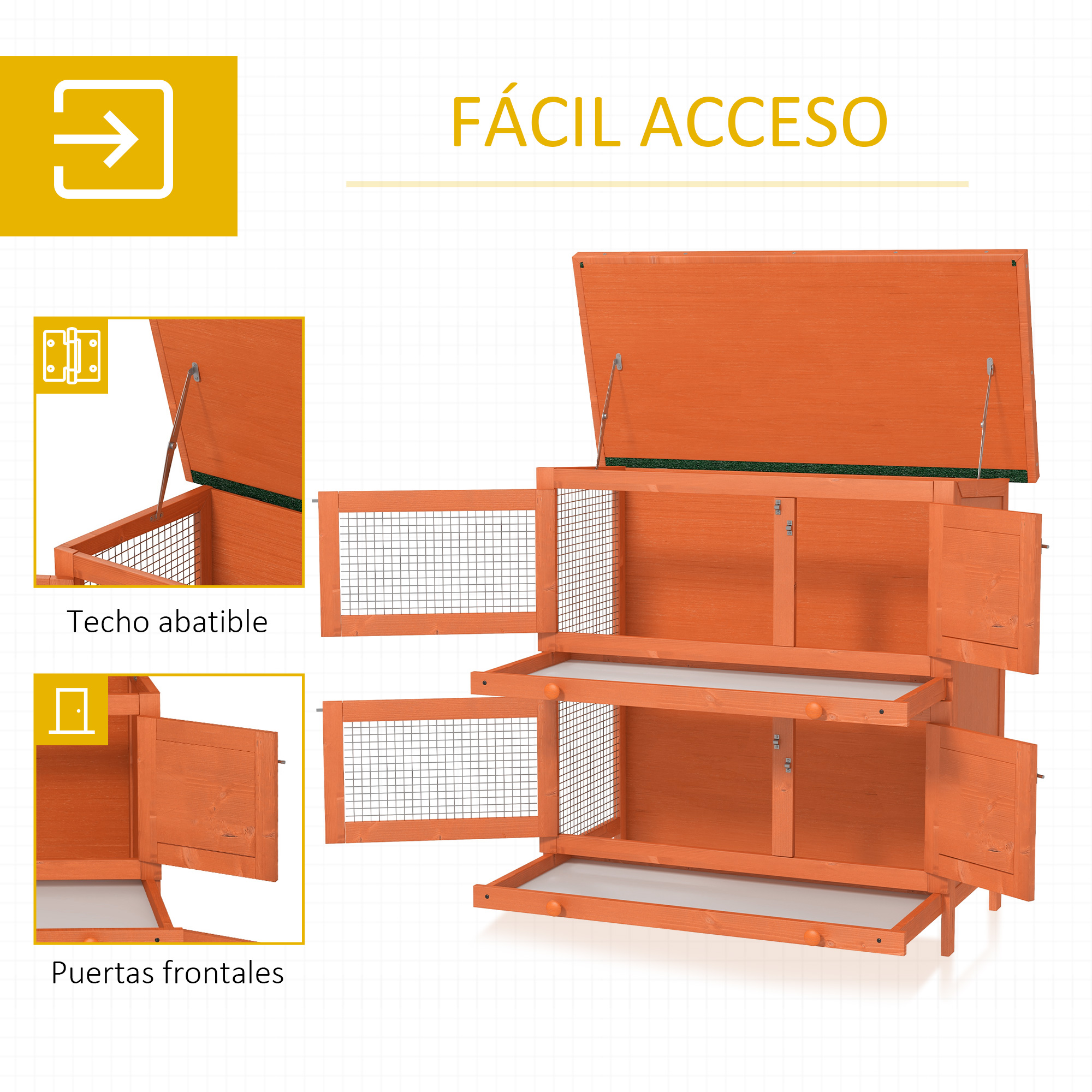 Una conejera de madera naranja con varios niveles, puertas abiertas y rejillas.