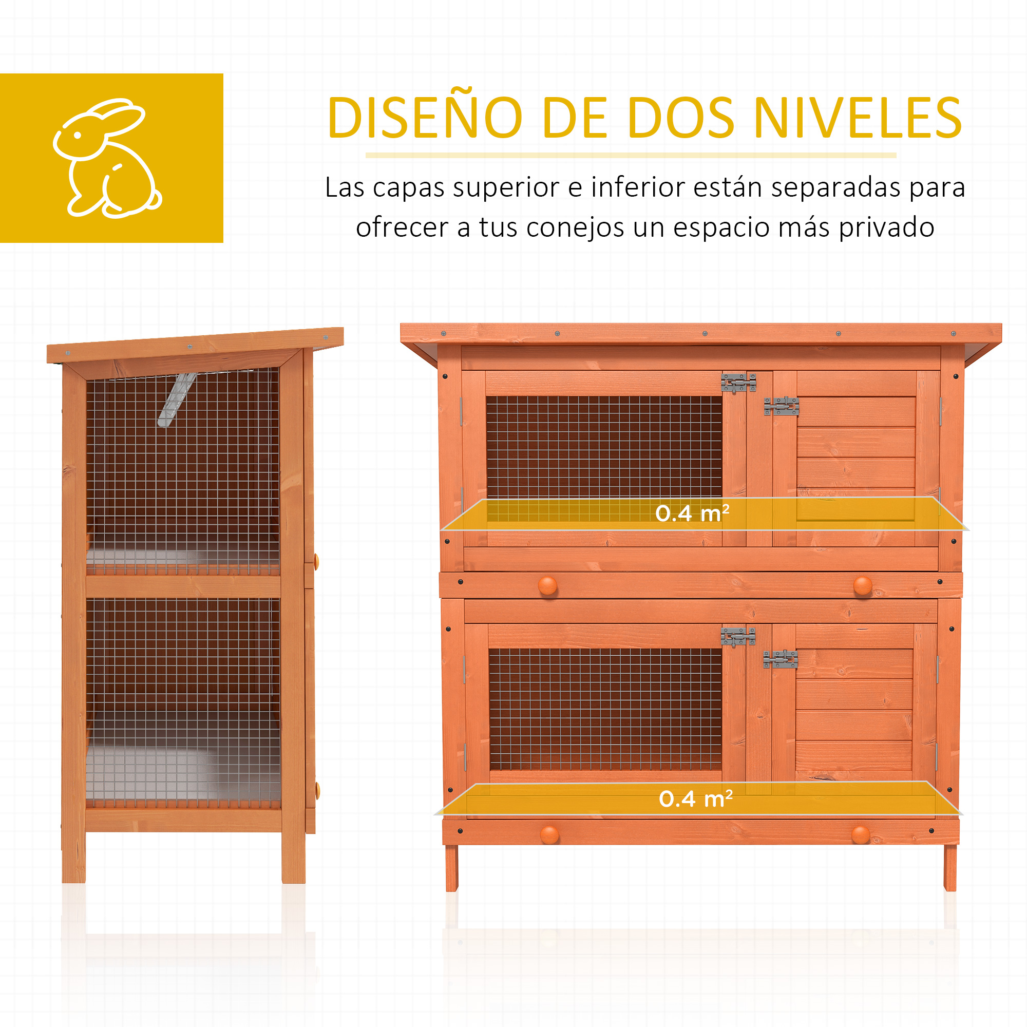 Confección de conejo de madera de dos niveles con puertas de malla y 0,4 m².