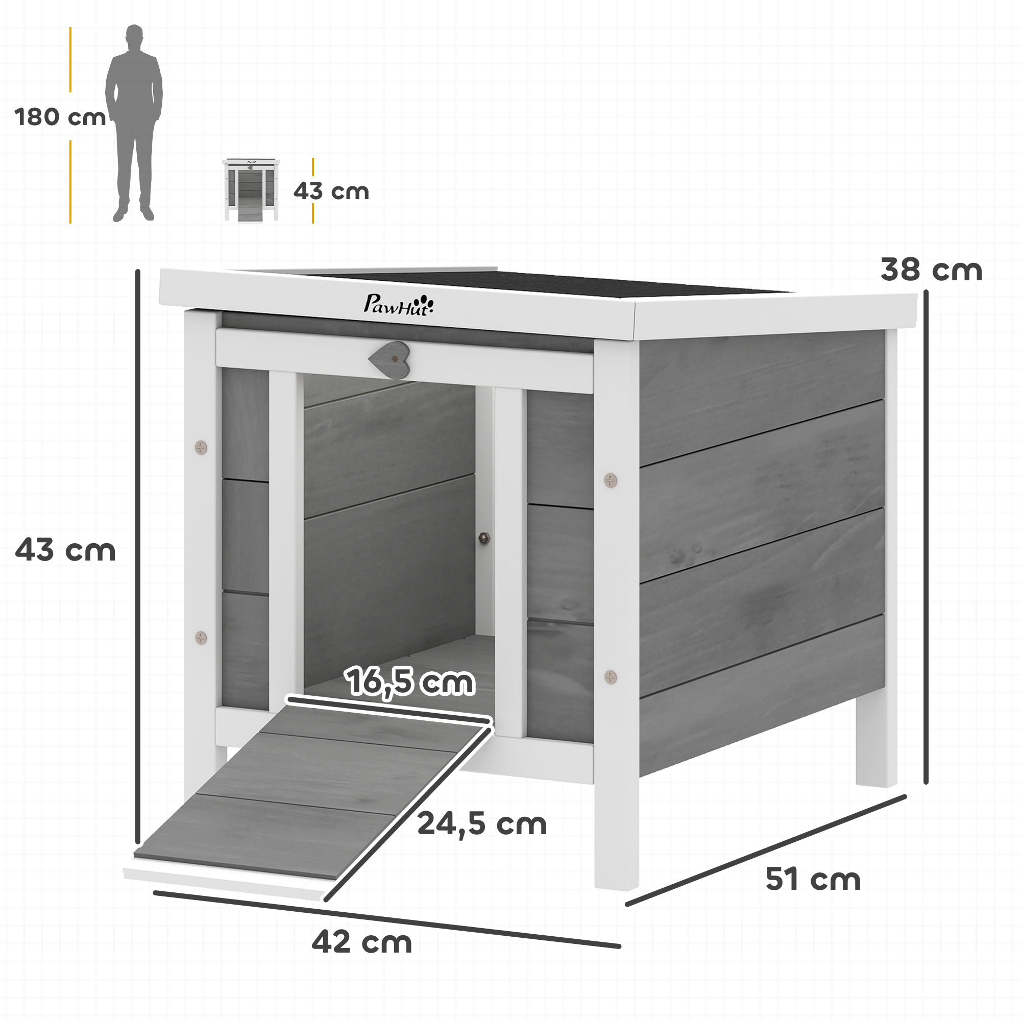 Una casa para mascotas gris y blanca con rampa, se muestran las dimensiones.