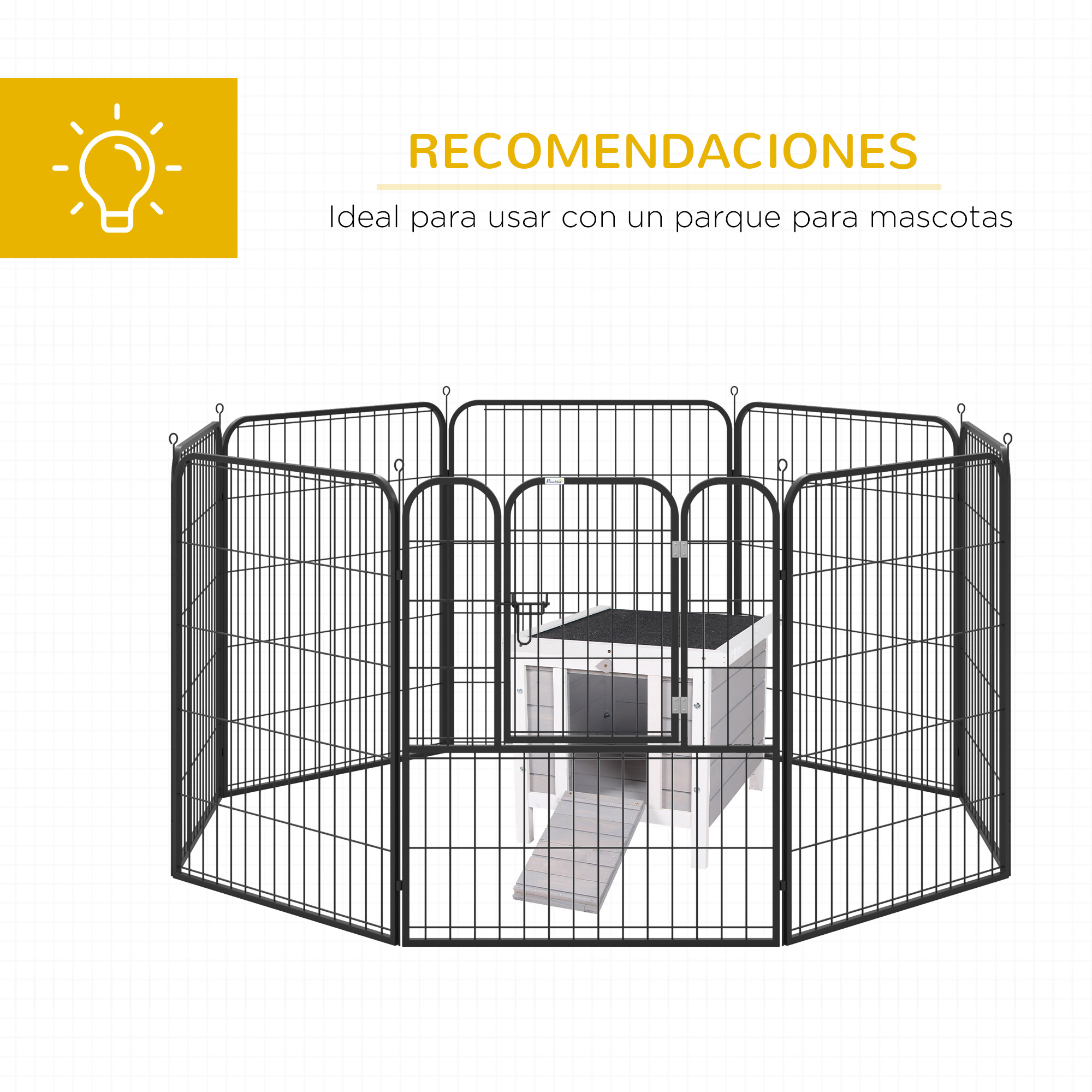 Un parque negro octogonal para mascotas con una casita de madera y rampa.