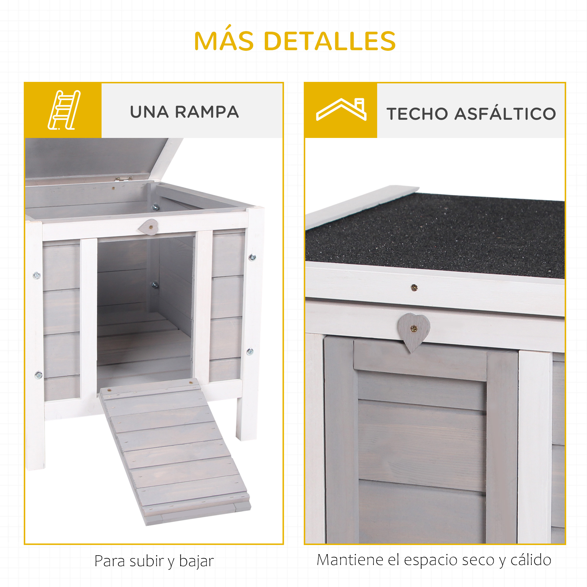 Casa de madera con rampa y techo asfáltico. Para mascotas.