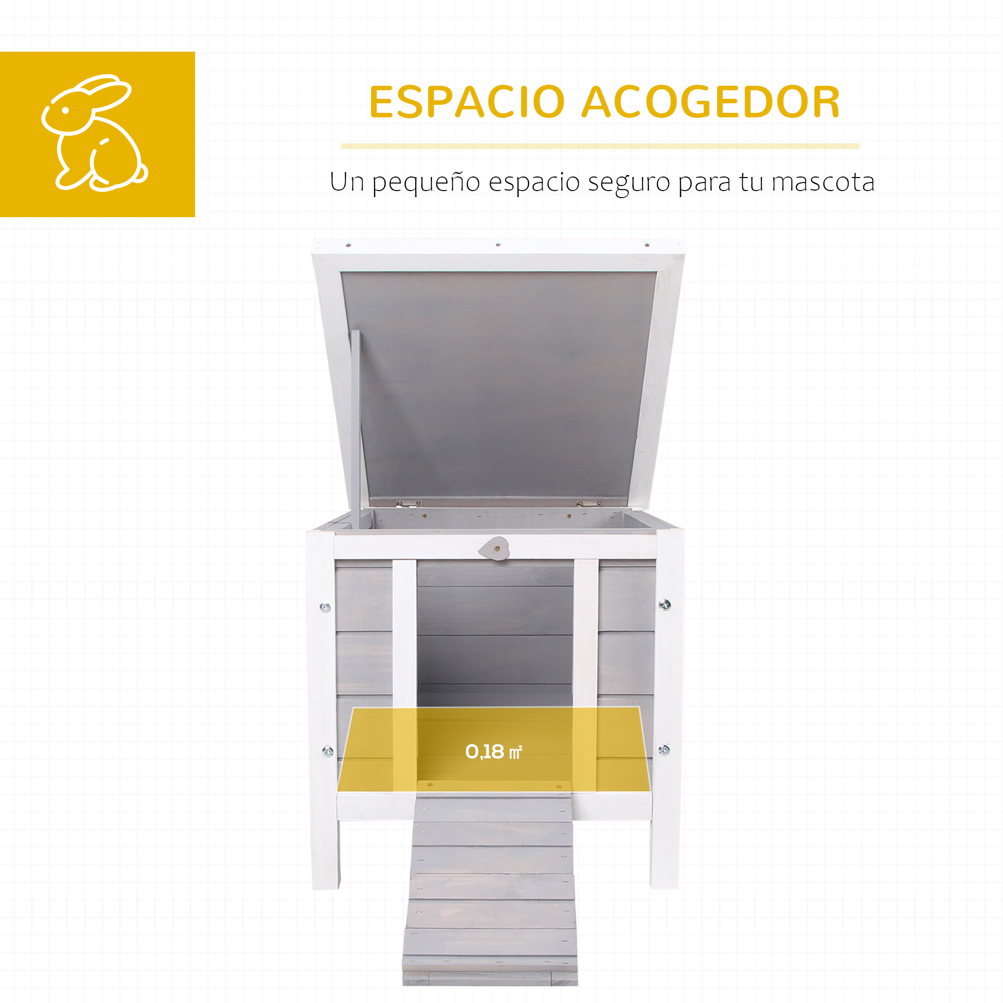 Casa blanca para mascotas con rampa y área amarilla de 0,18 m².