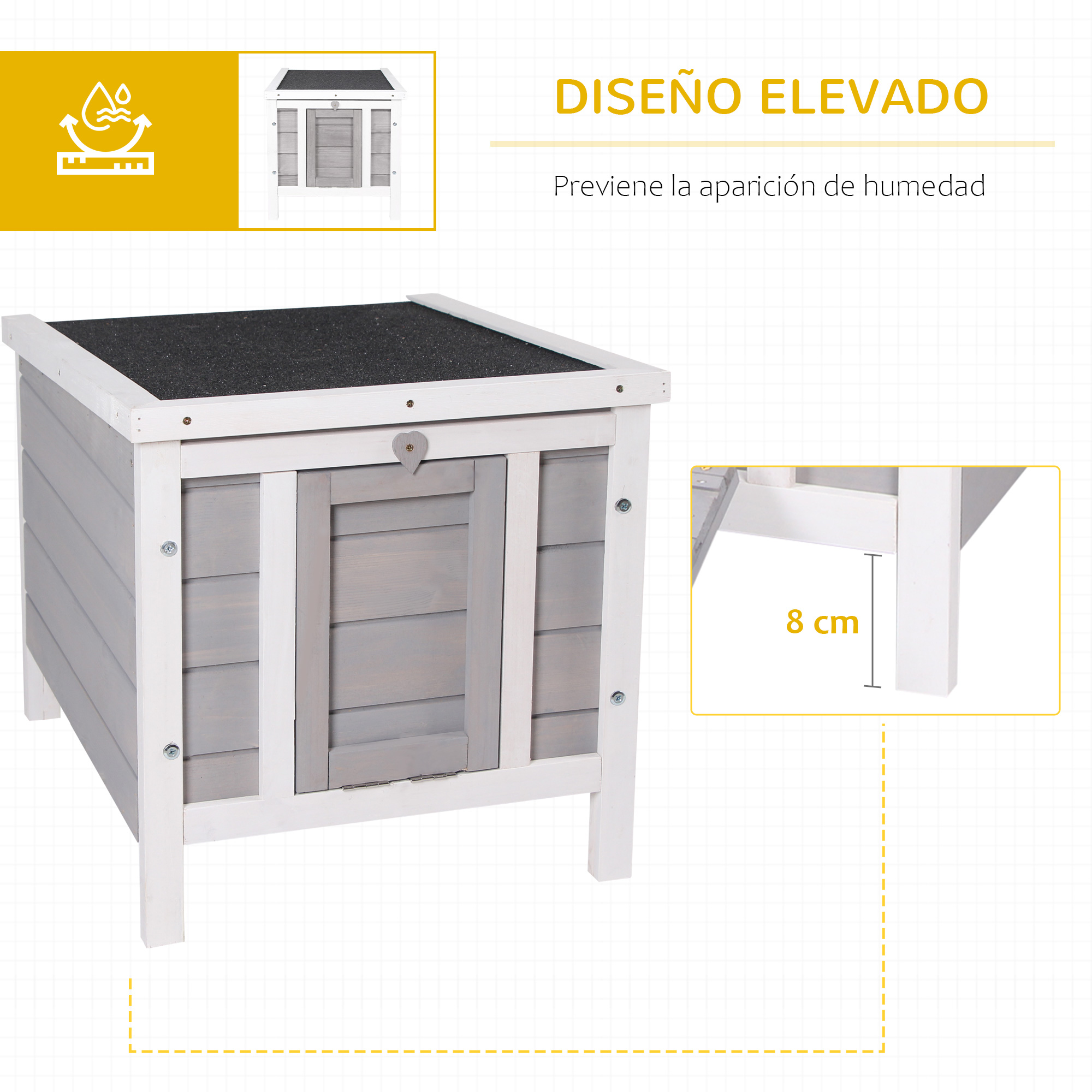 Casa de madera gris con ribetes y patas blancas, elevada 8 cm.