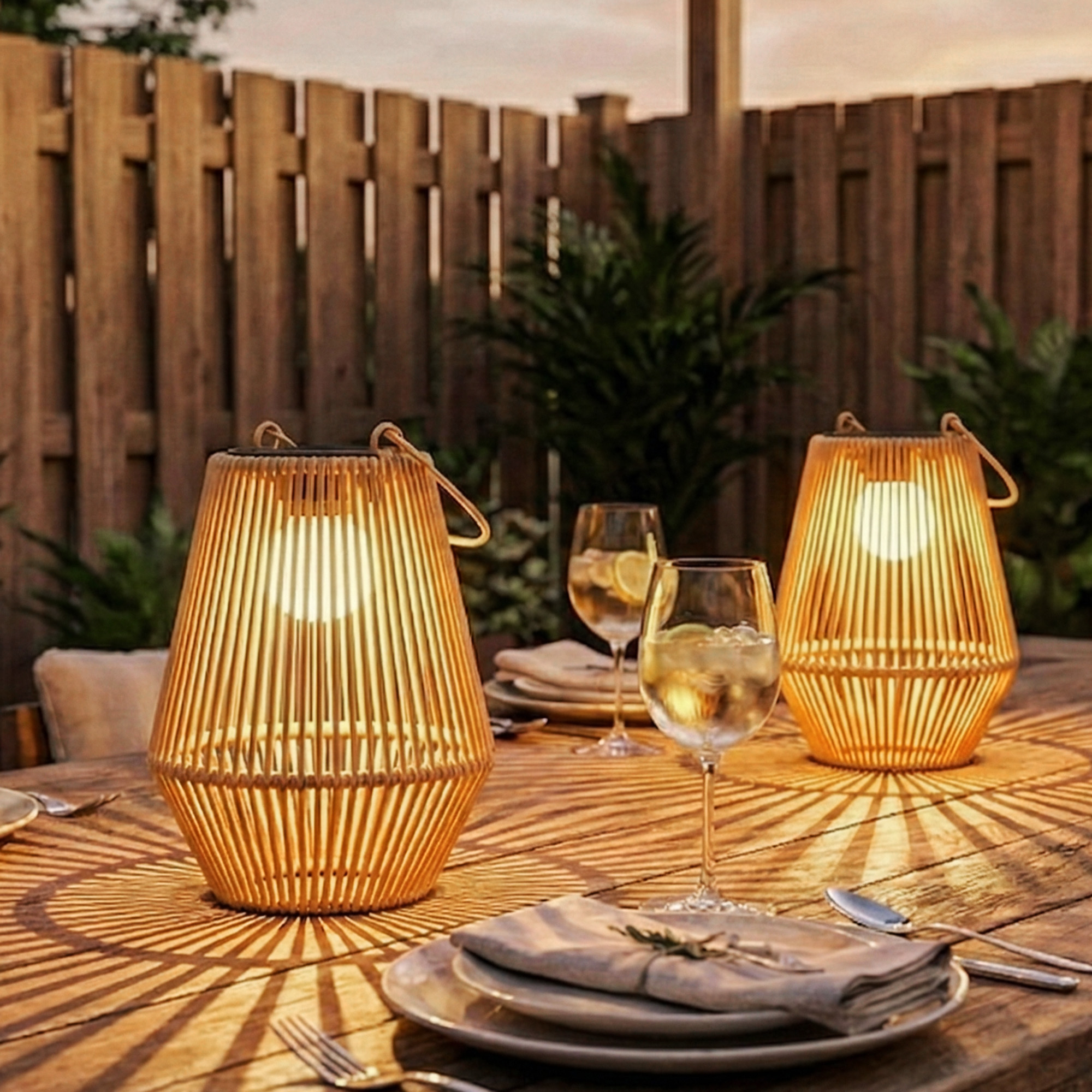 Dos faroles de ratán iluminados sobre una mesa de madera con vasos y vajilla.