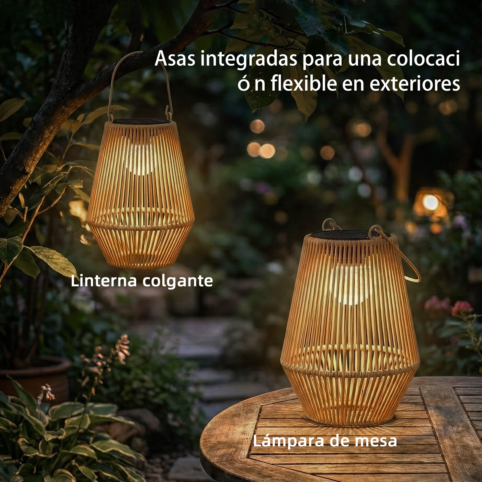 Dos faroles tejidos, uno colgando, otro en una mesa, en un jardín de noche.