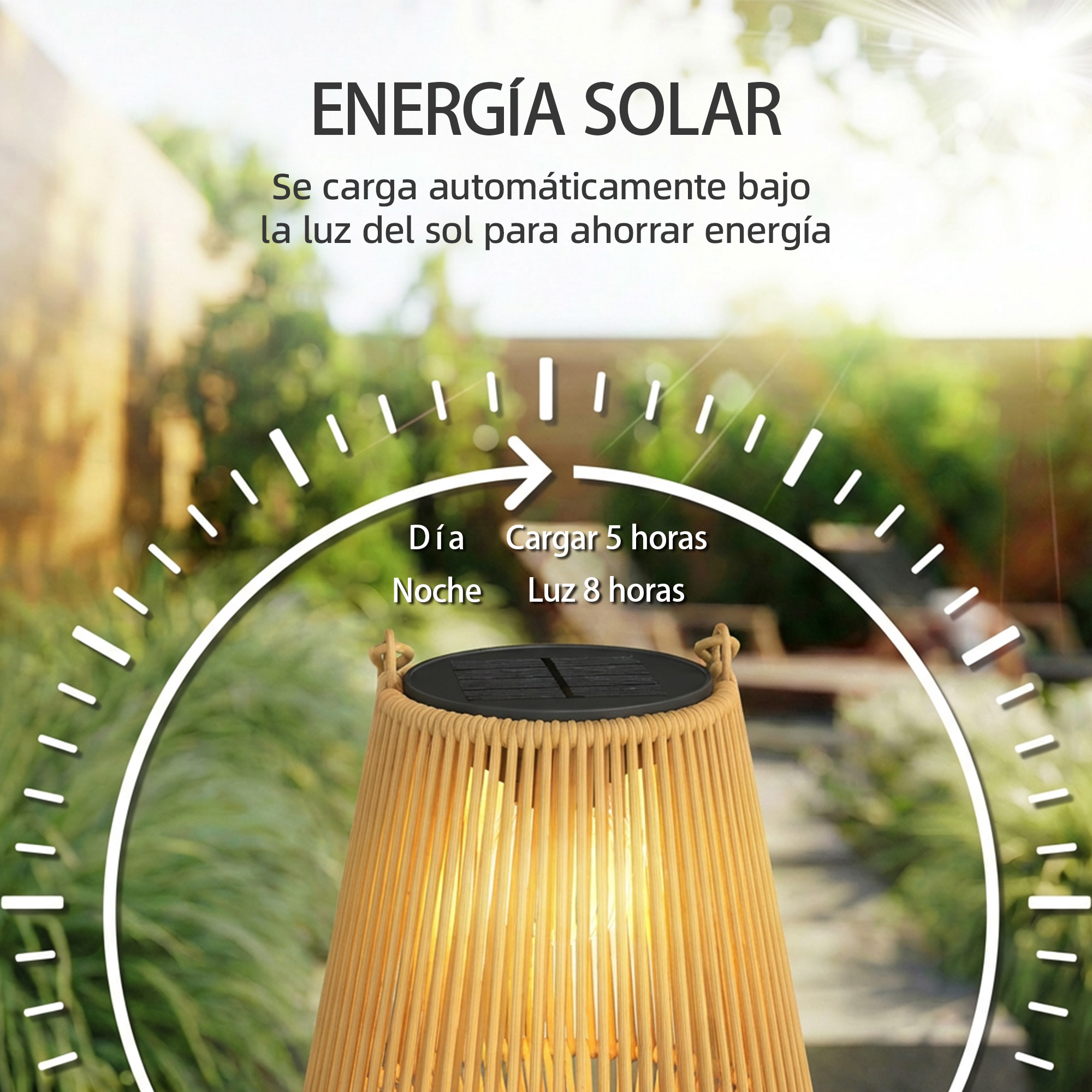 Una lámpara de ratán solar se carga de día y se ilumina de noche.