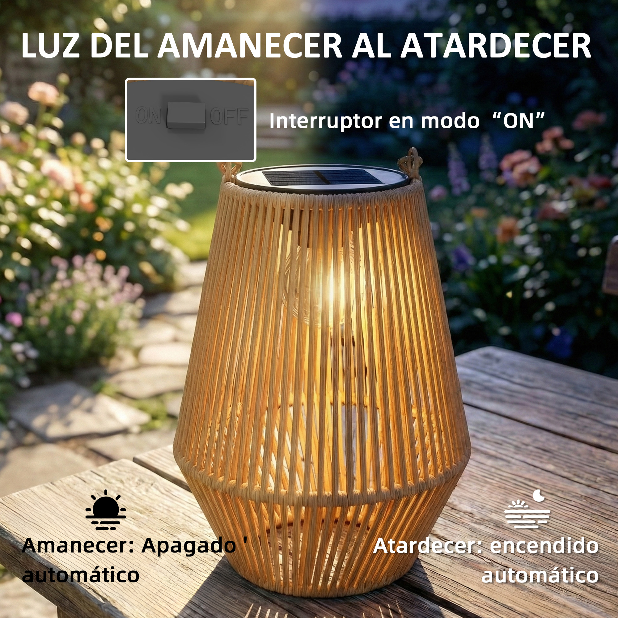 Una linterna de ratán en un jardín, panel solar arriba. El interruptor está en 'ON'.