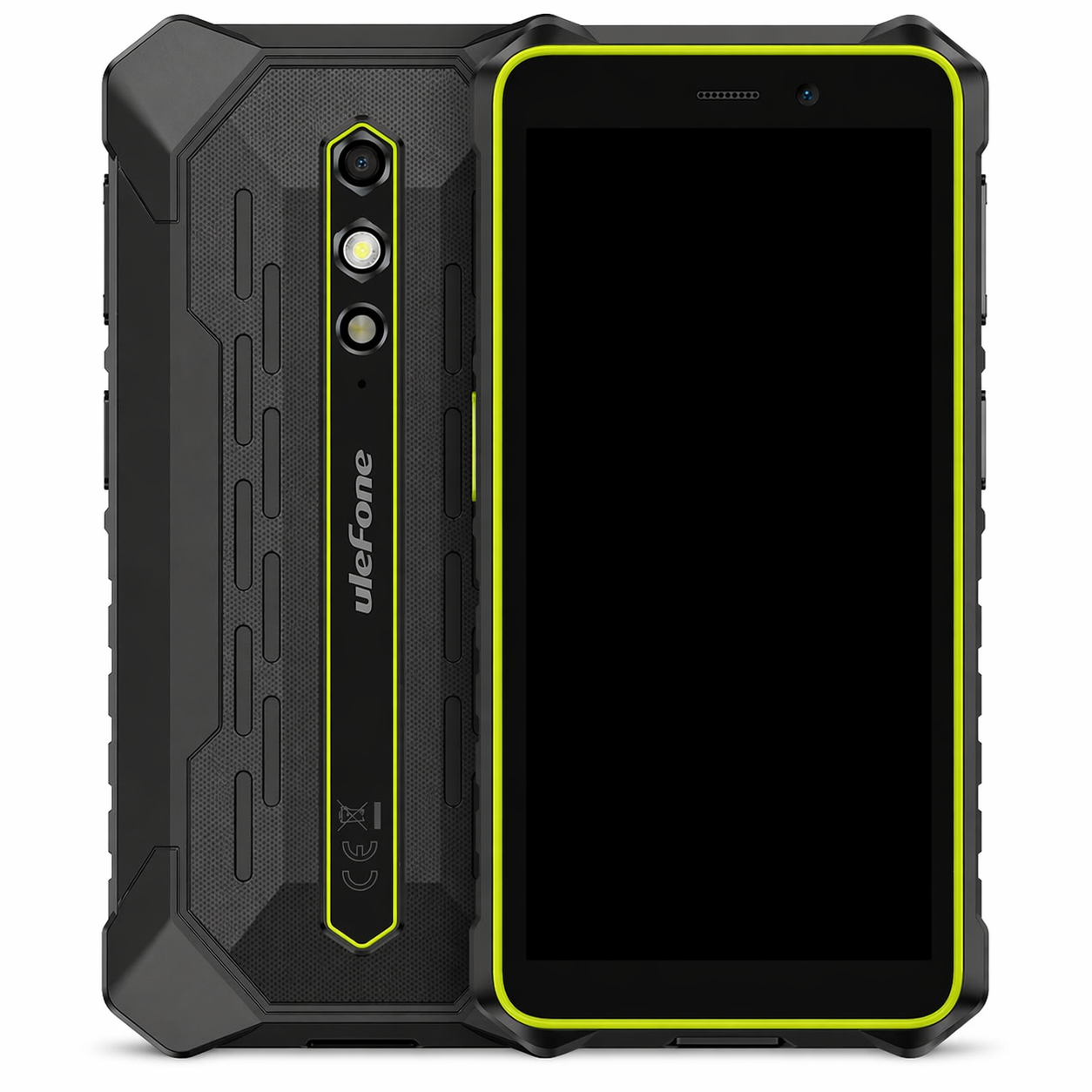 Uno smartphone robusto con custodia nera, cornice gialla, due fotocamere e flash sul retro.