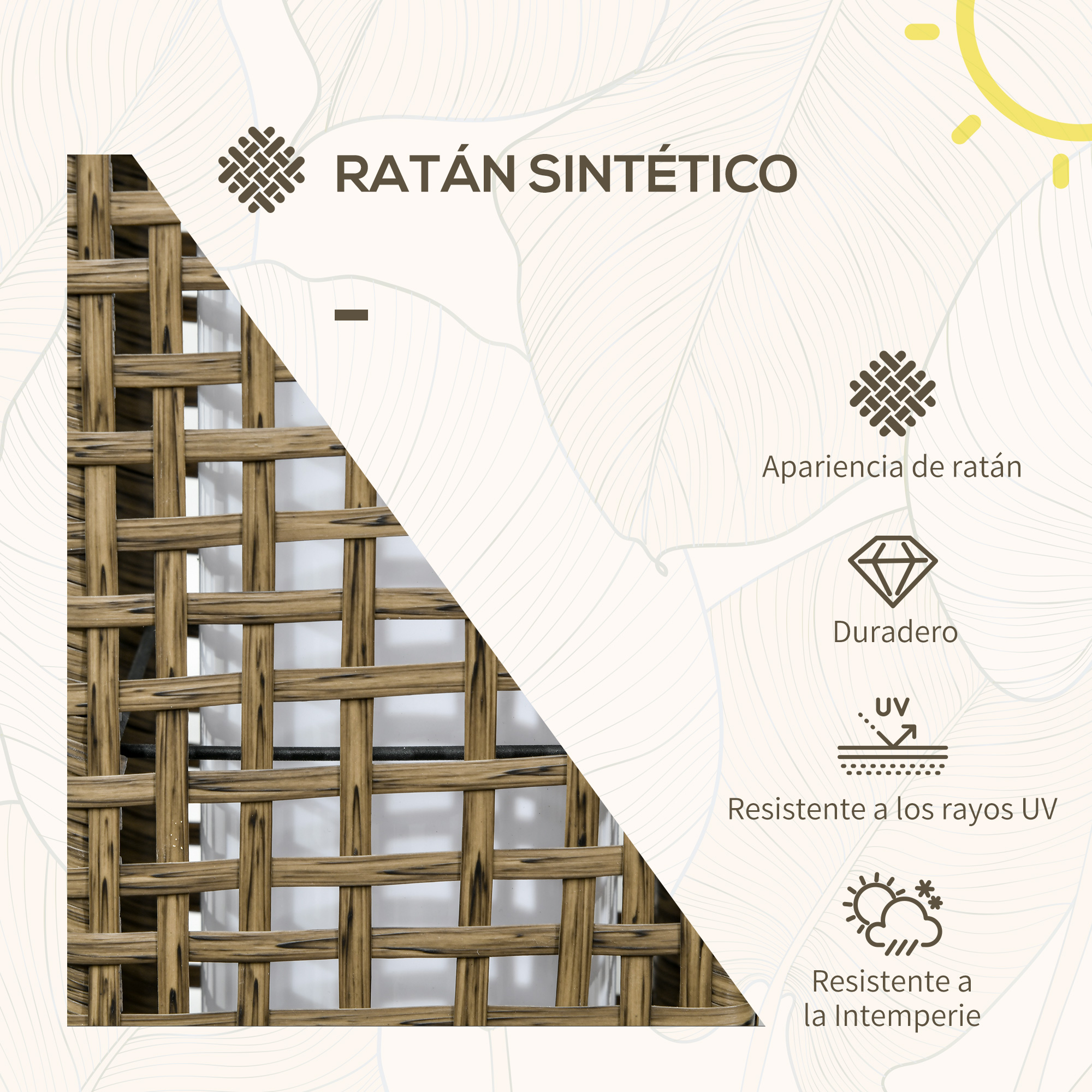 Primer plano de material de ratán tejido, con íconos de resistencia UV y a la intemperie.