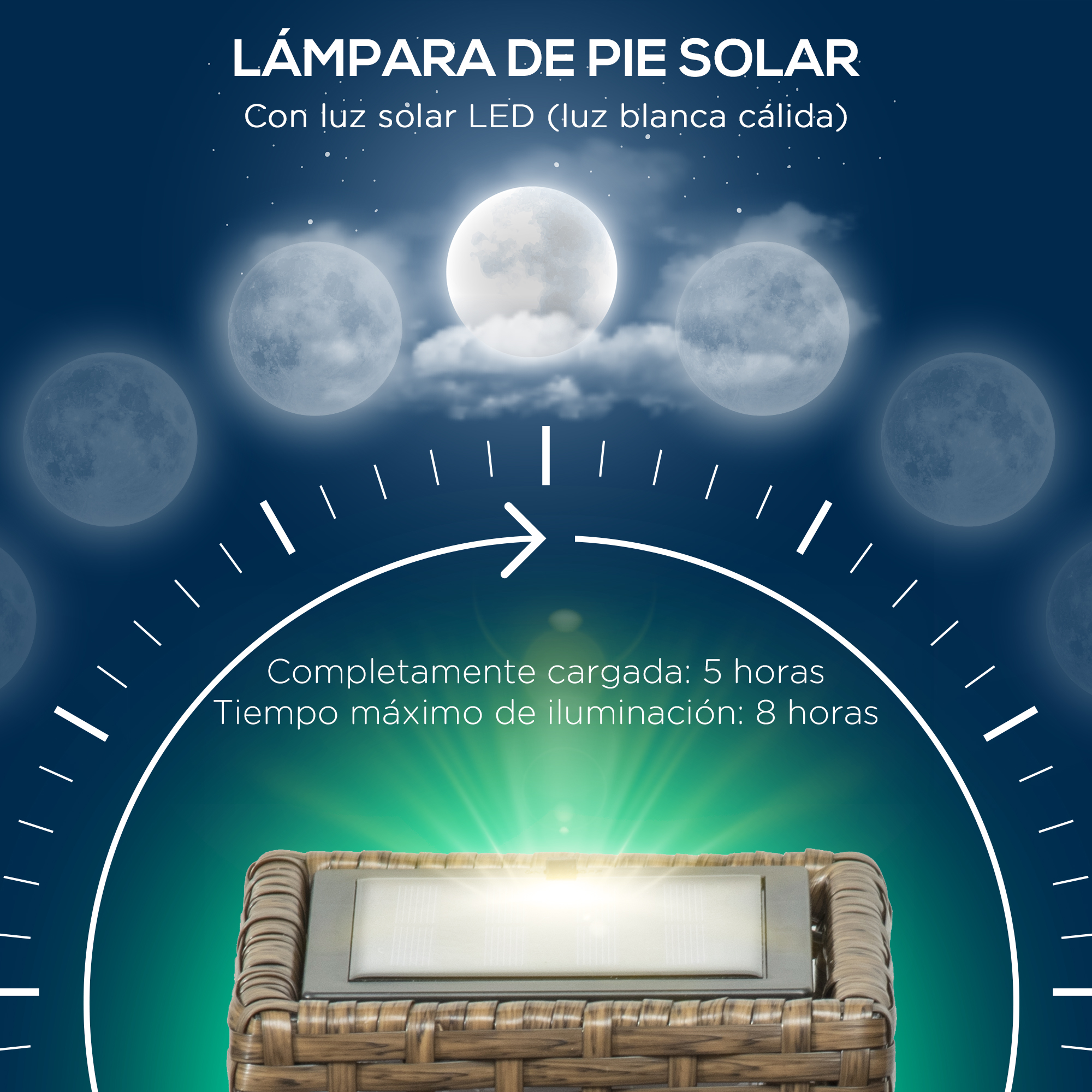 Lámpara solar de pie con luz LED blanca cálida. Carga 5h, ilumina 8h.