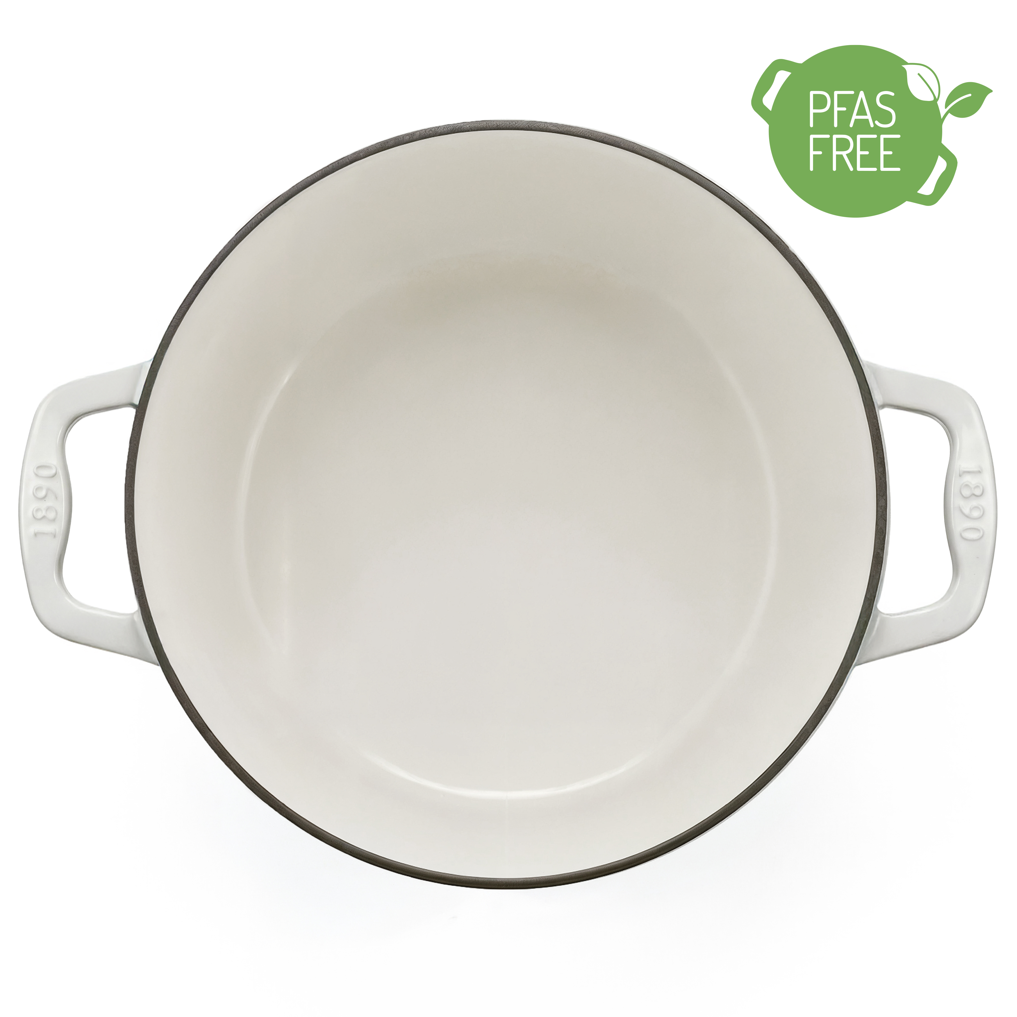 Una pentola smaltata bianca con manici e logo "PFAS FREE".