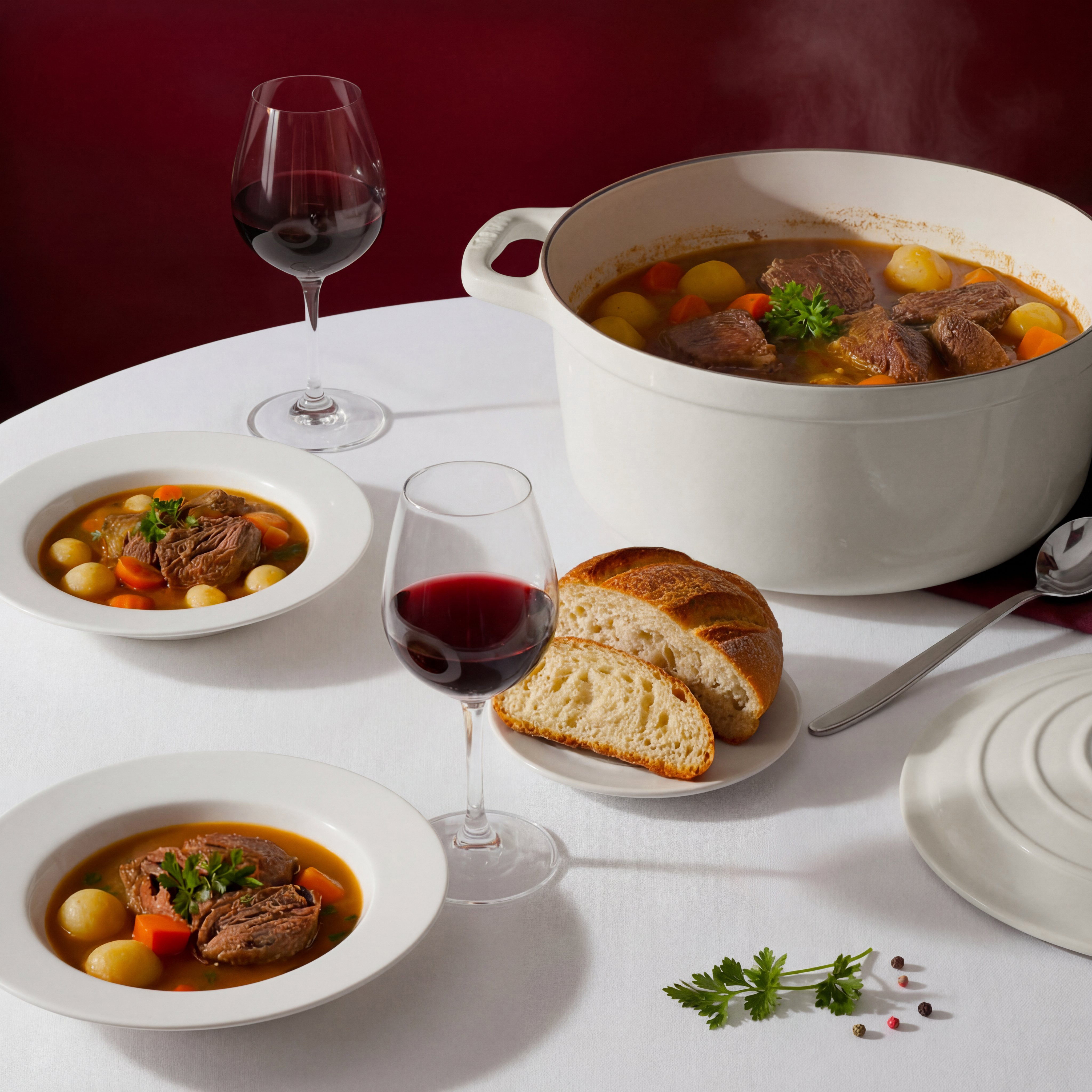 Uno stufato fumante con carne e patate, servito con pane e vino.