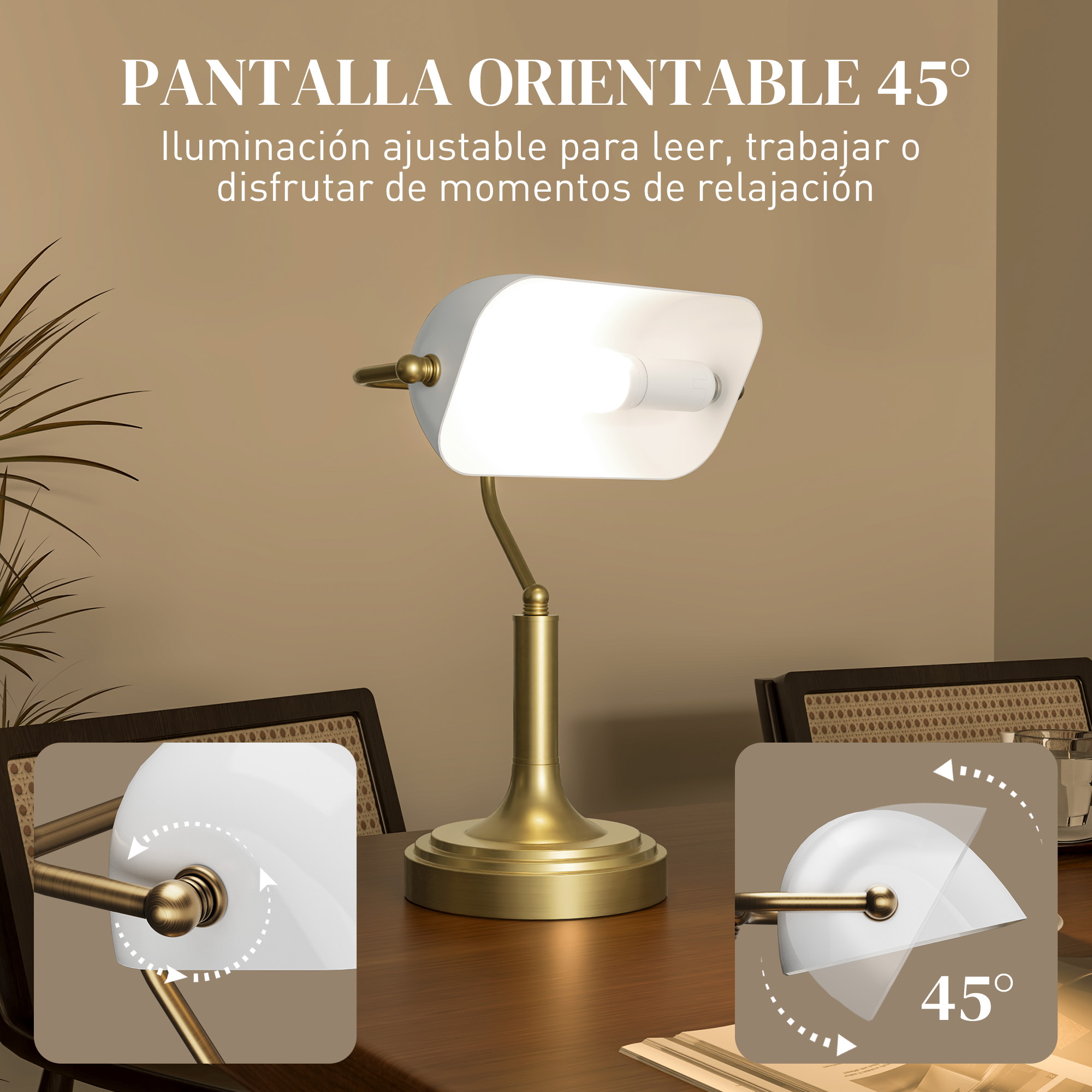 Lámpara de escritorio de latón con pantalla blanca, ajustable 45 grados.