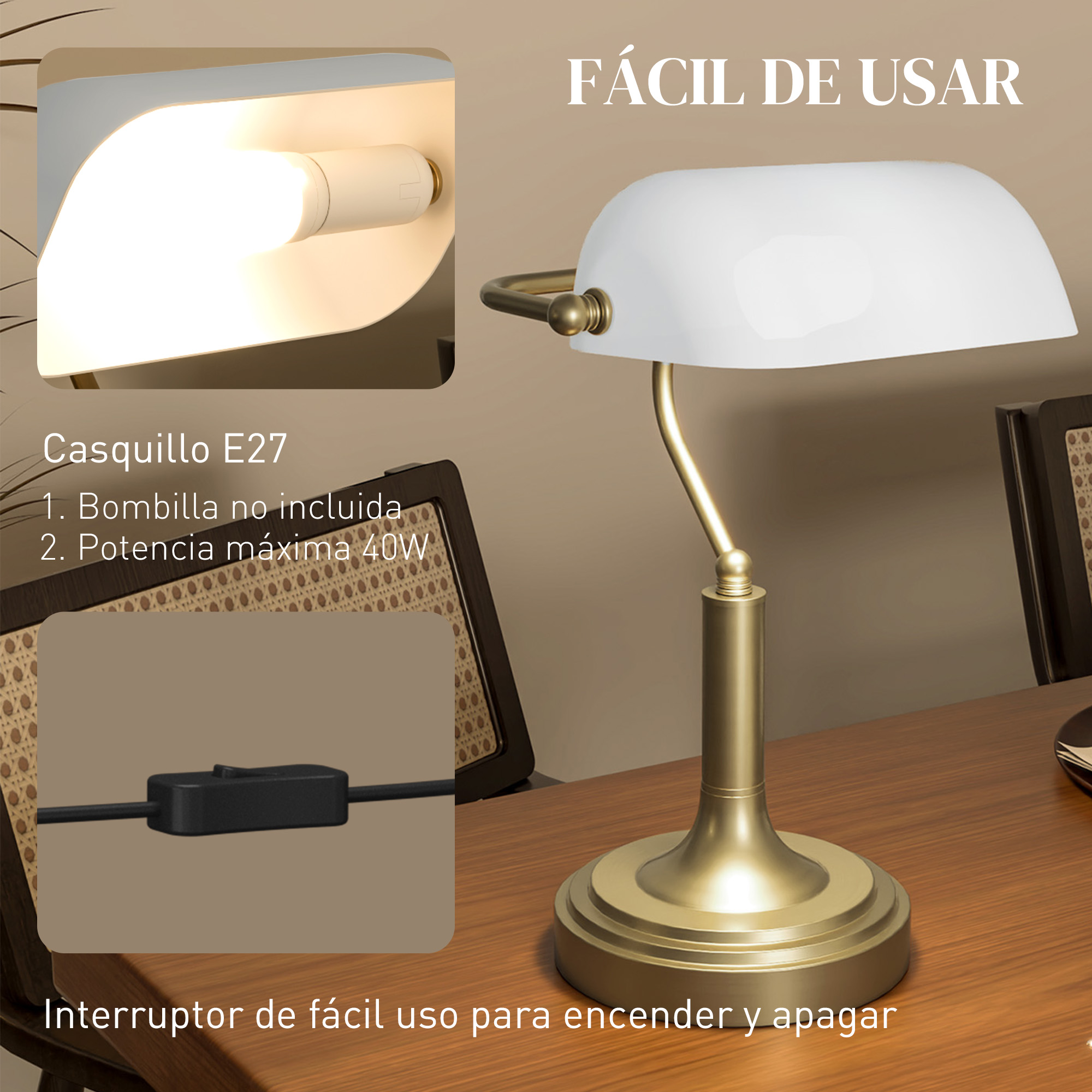 Una lámpara de banquero blanca con detalles de latón en un escritorio de madera.