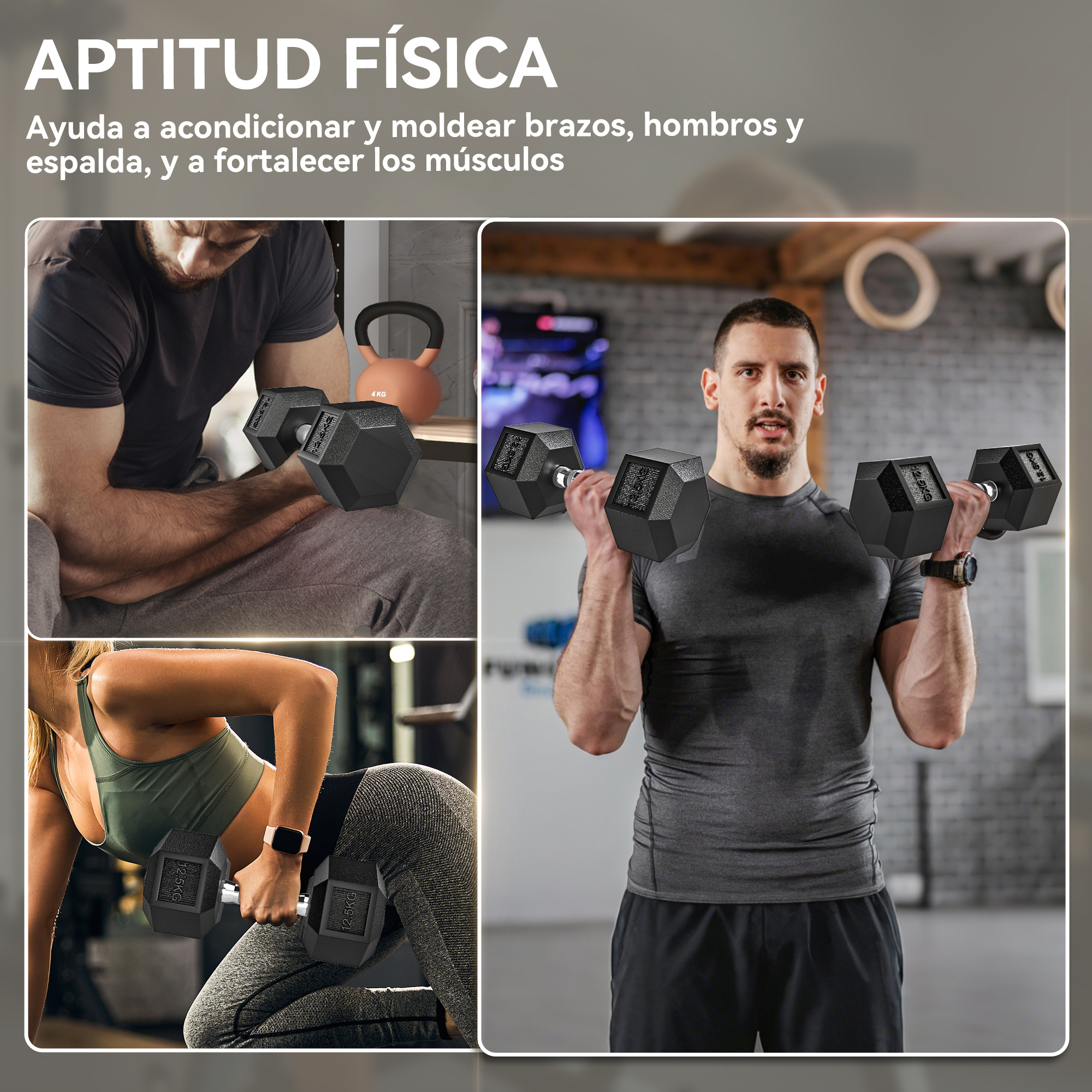 Colage de ejercicios de fitness con mancuernas y pesa rusa.