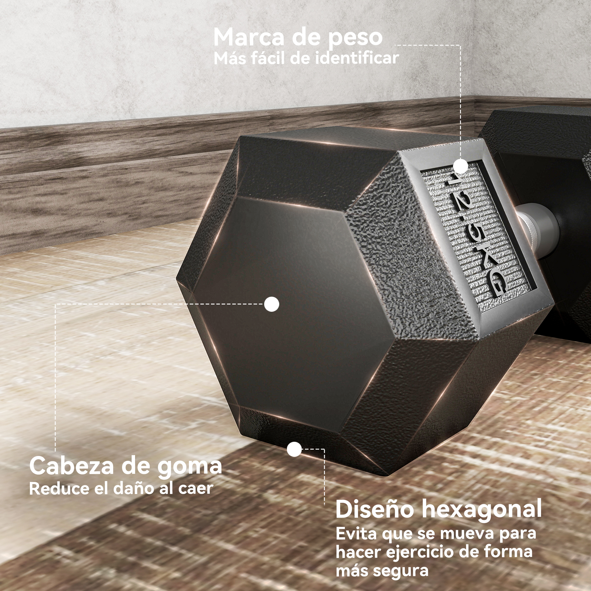 Mancuerna negra de 12,5 kg sobre suelo de madera, con cabeza de goma.