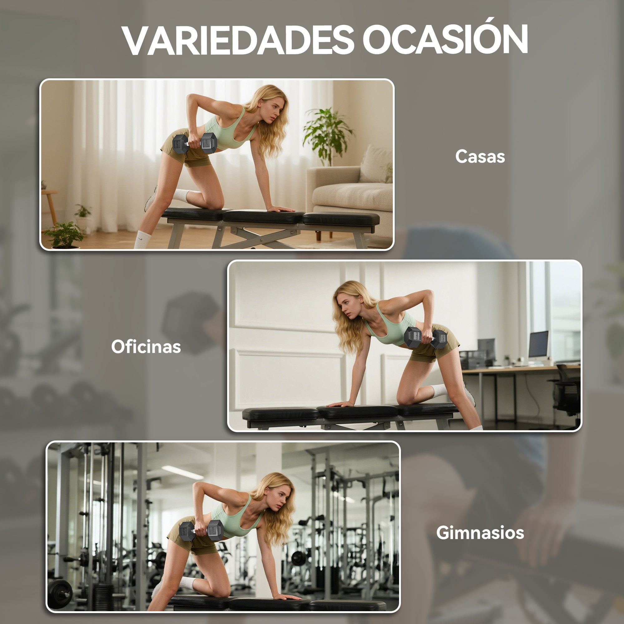 Mujer entrenando en casa, oficina y gimnasio con mancuernas.