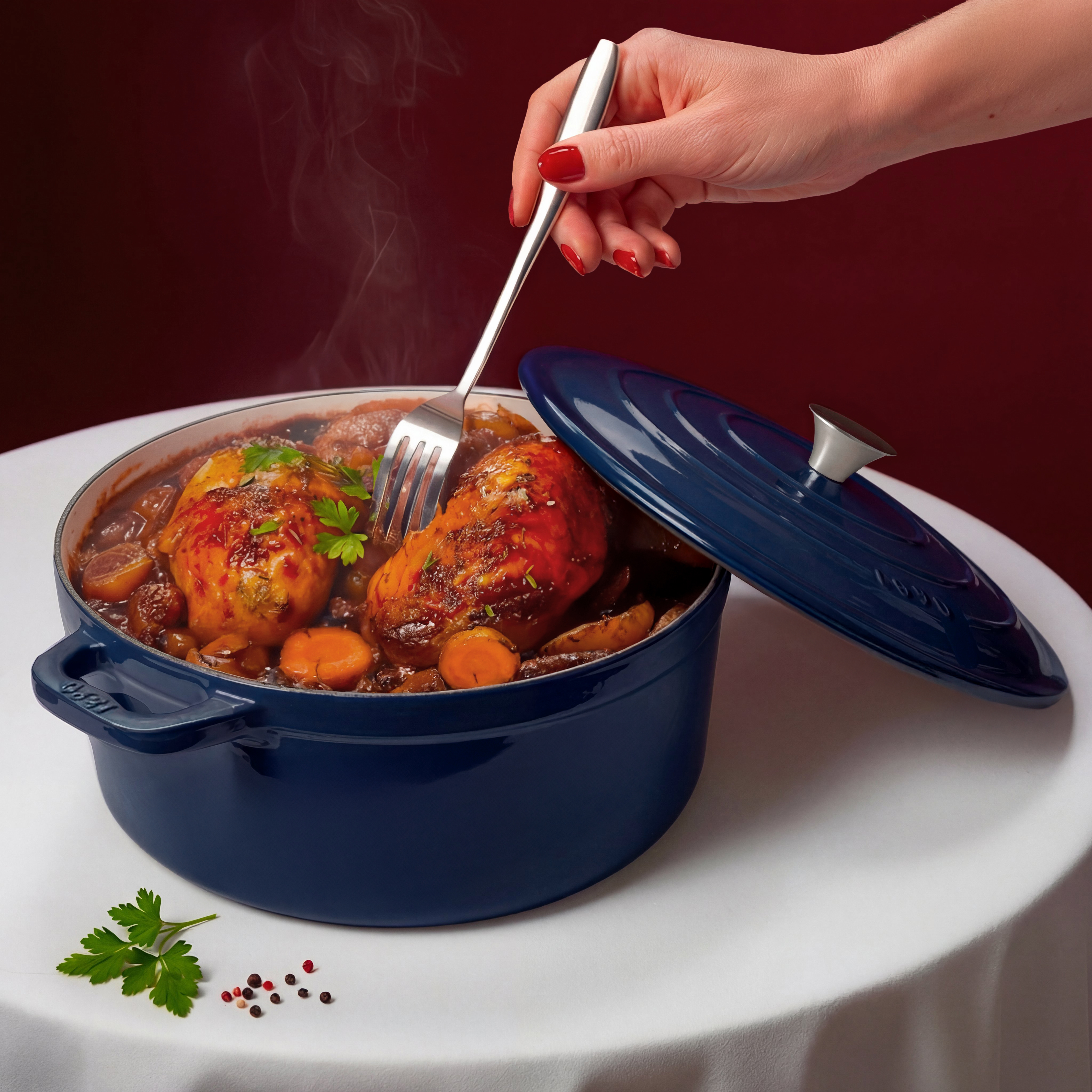 Una mano con unghie rosse usa una forchetta per sollevare il pollo da una pentola blu.