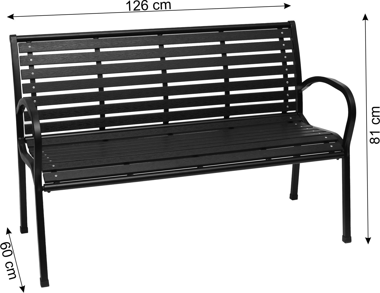Czarna ławka parkowa z listewkami i zakrzywionymi podłokietnikami. Wymiary: 126 cm dł., 81 cm wys., 60 cm gł.