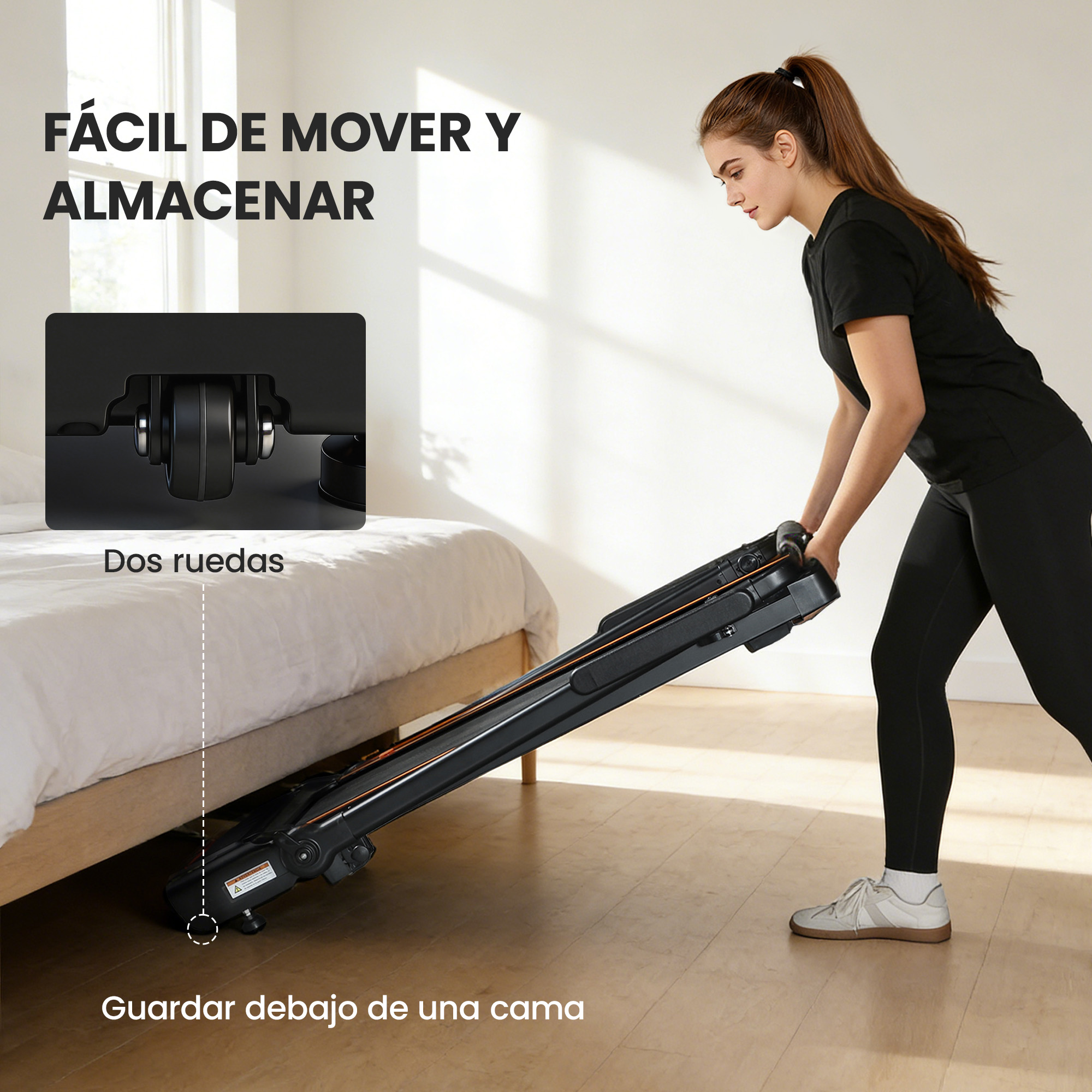 Una mujer desliza una cinta de correr plegable debajo de una cama.
