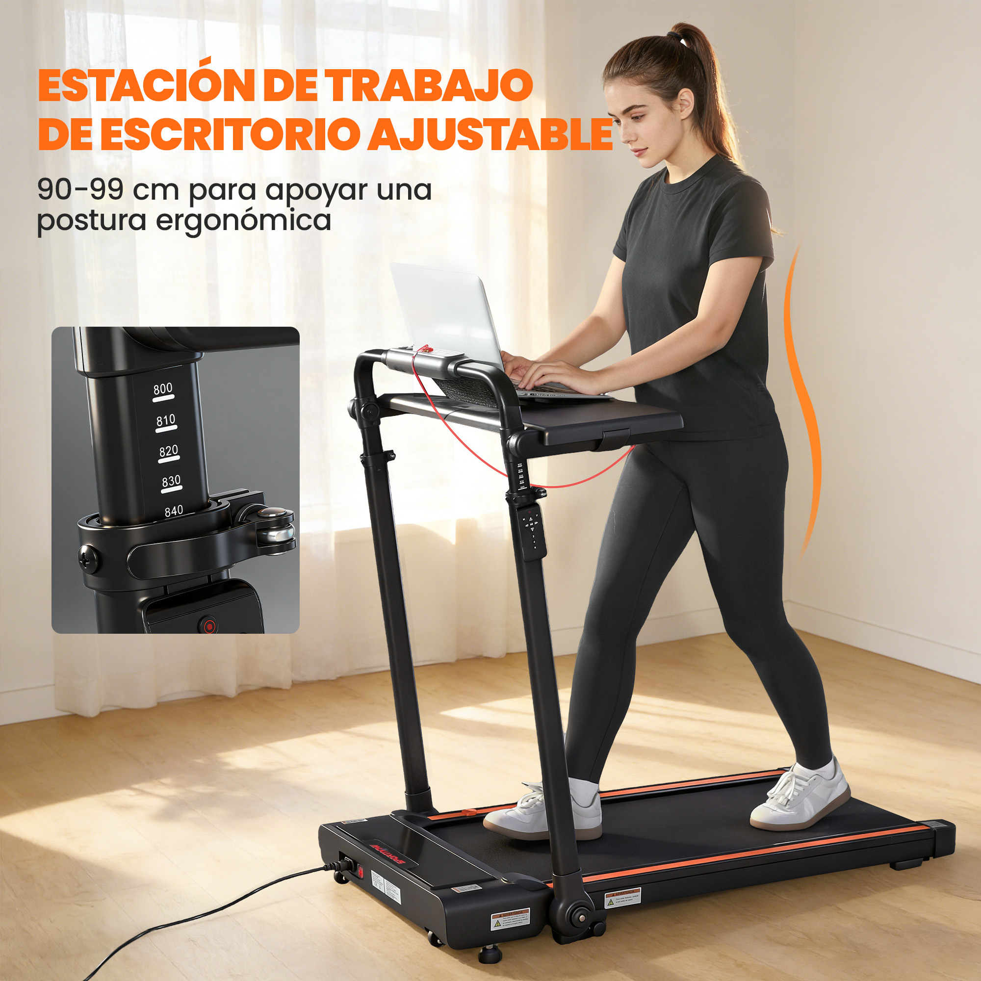Una mujer camina en una cinta mientras trabaja en un portátil. Altura ajustable.